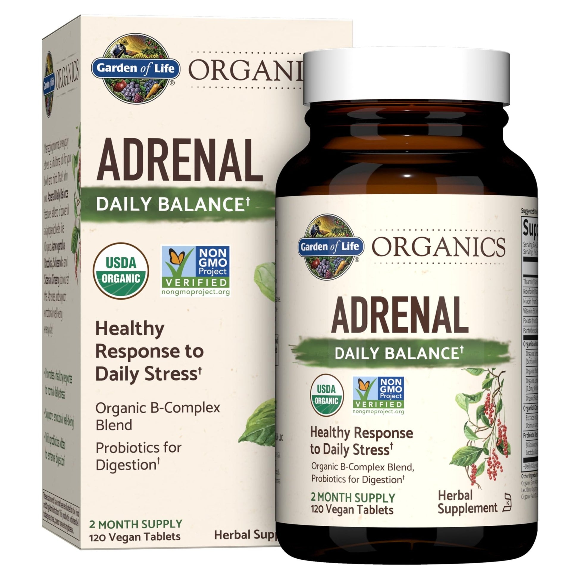 Garden of Life Organics Adrenal Daily Balance, Adaptogenic Herbs Ashwagandha, Holy Basil, B Complex & Probiotics, Organic Non-GMO, Vegan, Gluten Free Supplement, Two Month Supply, 120 Tablets - OzHealthStandard