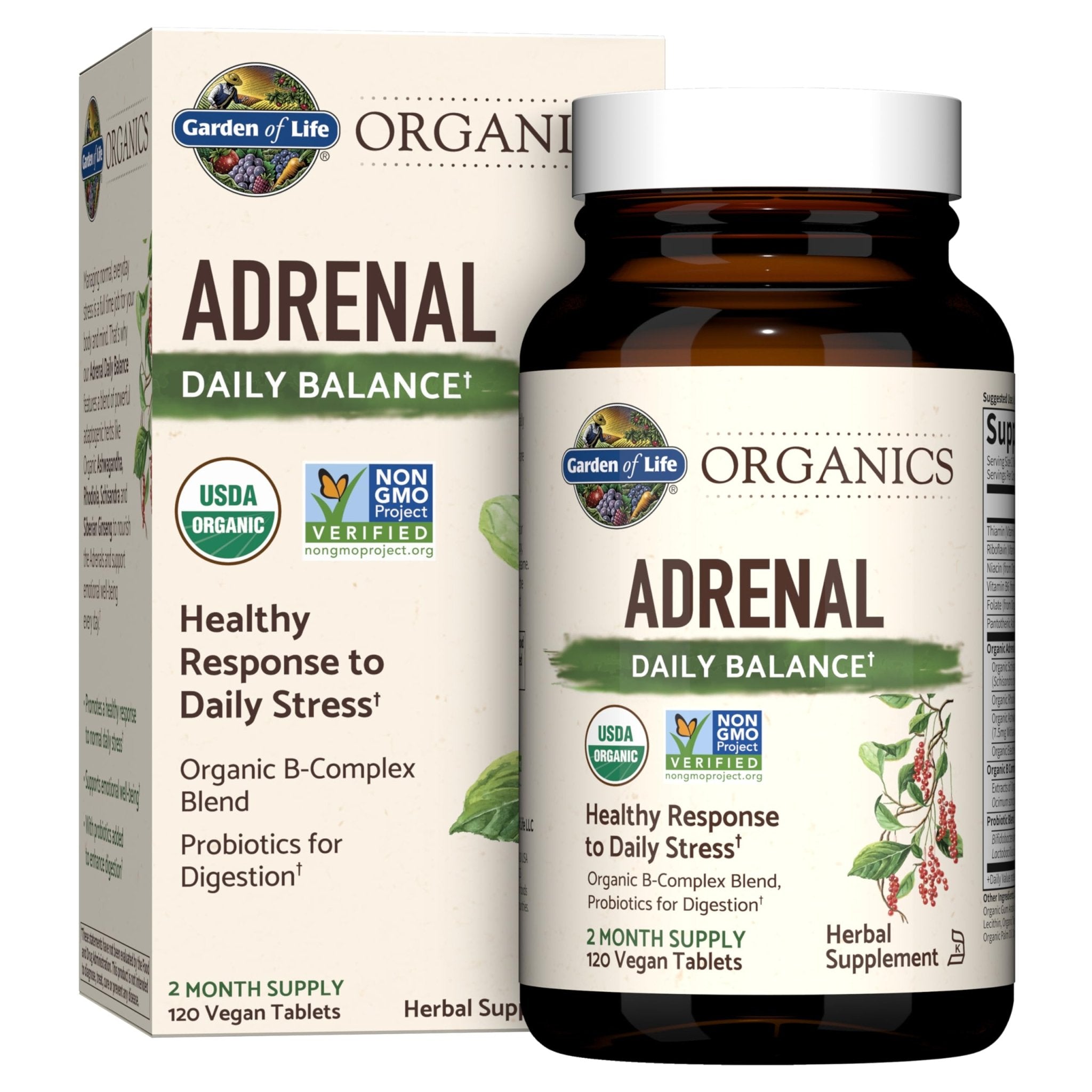 Garden of Life Organics Adrenal Daily Balance, Adaptogenic Herbs Ashwagandha, Holy Basil, B Complex & Probiotics, Organic Non-GMO, Vegan, Gluten Free Supplement, Two Month Supply, 120 Tablets - OzHealthStandard