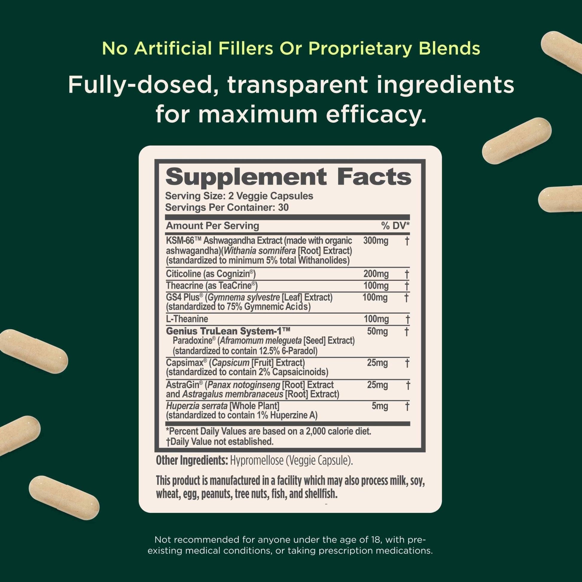 Genius Thermogenic Fat Burner, 60 Diet Veggie Pills - Weight Loss & Metabolism Supplement, Appetite Suppressant & Energy Booster - Caffeine-Free Nootropic Focus & Brain Boost - Ashwagandha & TeaCrine - OzHealthStandard