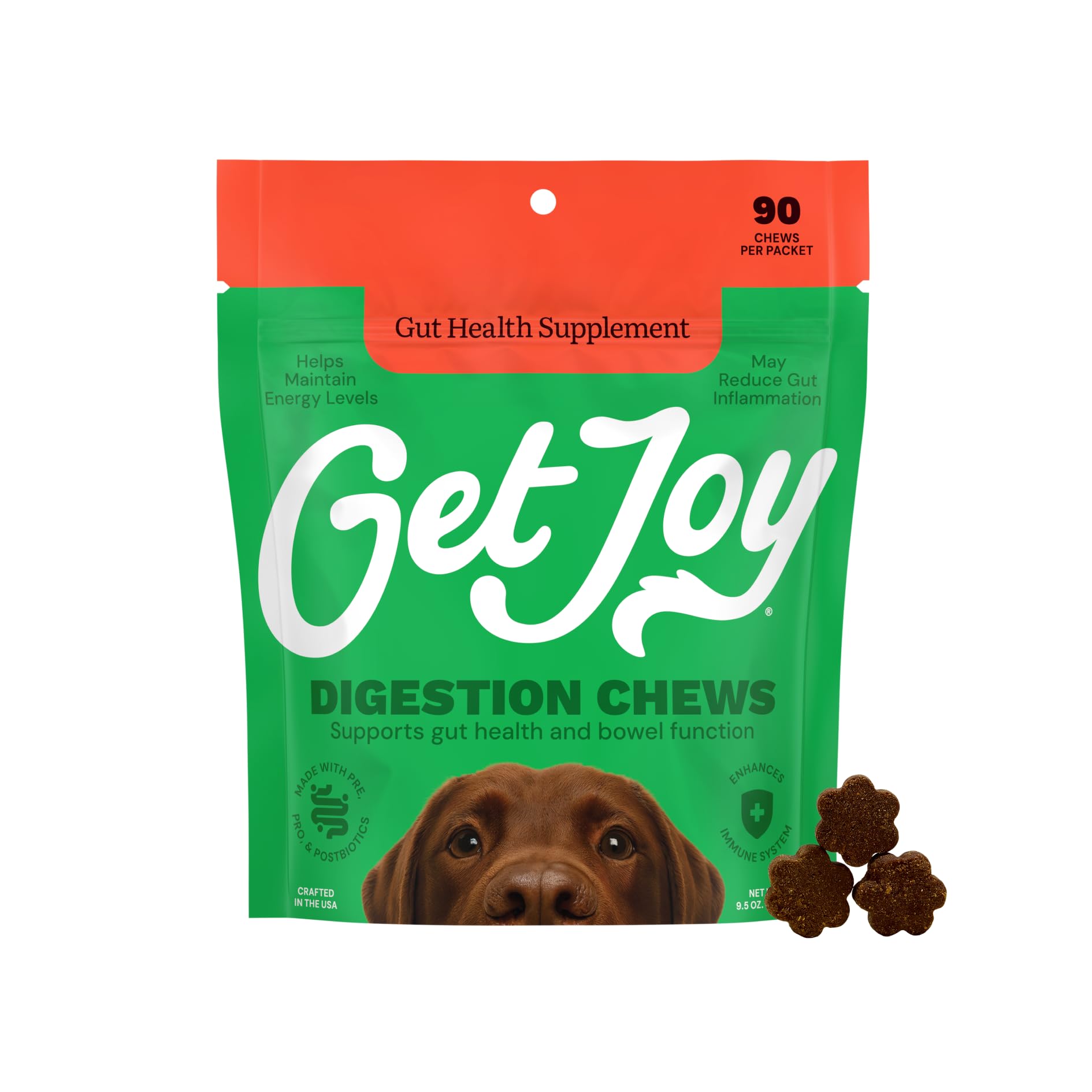 Get Joy Digestion Chews, Gut Health Supplement for Dogs, Vet Recommended Soft Daily Digestive Health & Immune Support with Prebiotics, Probiotics & Postbiotics, Made in USA, 90 Count - OzHealthStandard