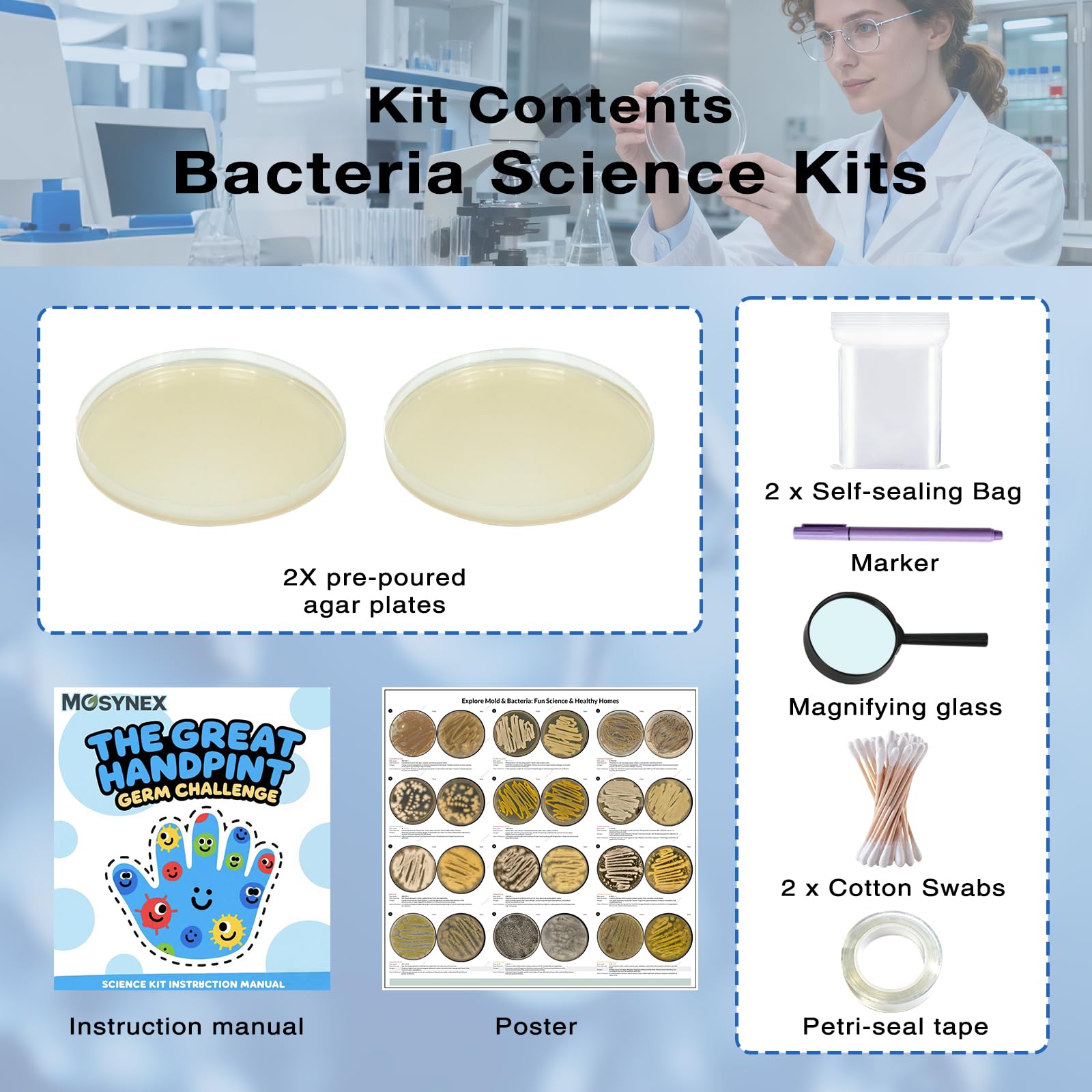 Giant Microbiology Bacteria Science Kit for Kids:2 XL 150mm Prepoured Nutrient Agar Plates, Petri Dishes with Agar & Colony Characteristics Poster for School Projects & Educational Gifts - OzHealthStandard