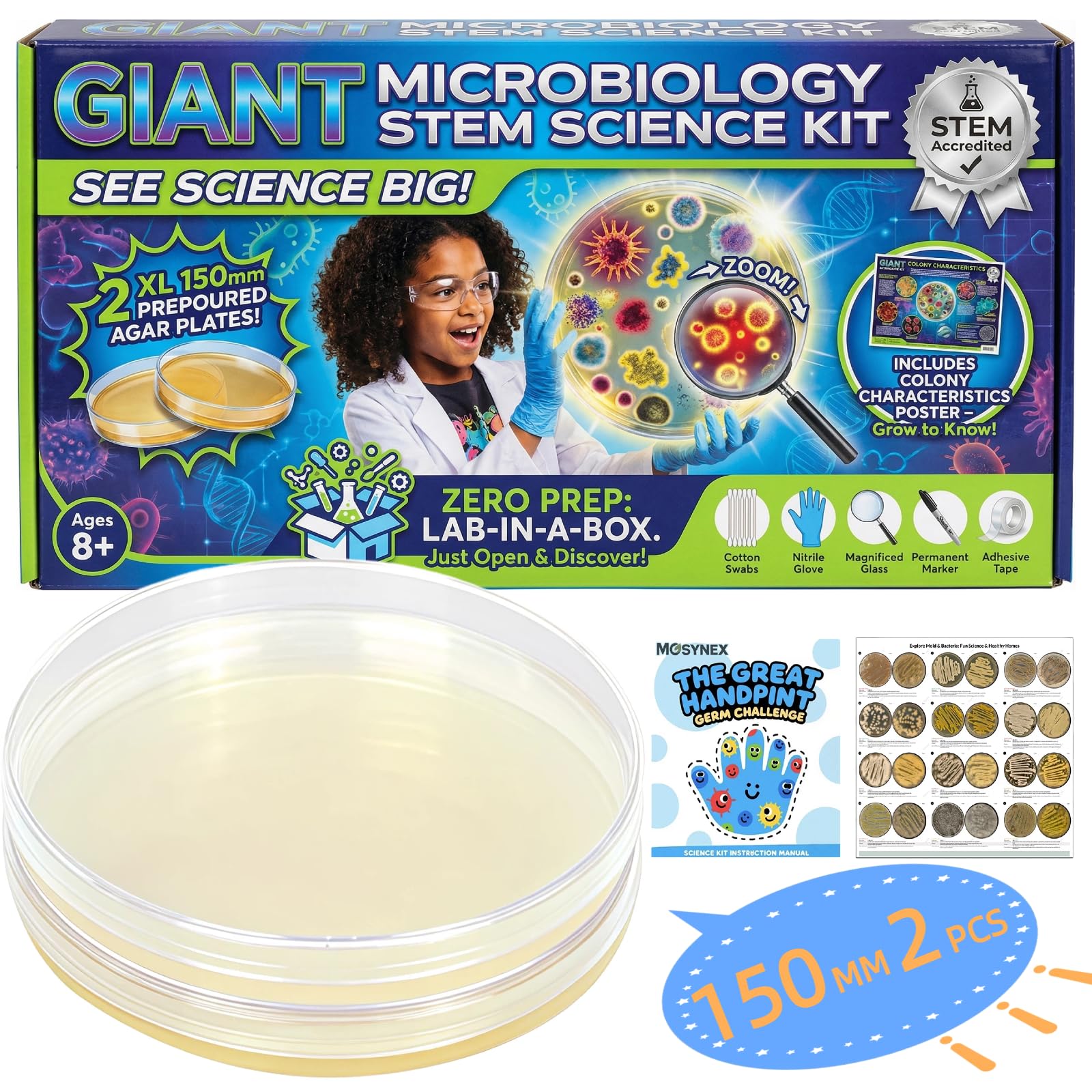 Giant Microbiology Bacteria Science Kit for Kids:2 XL 150mm Prepoured Nutrient Agar Plates, Petri Dishes with Agar & Colony Characteristics Poster for School Projects & Educational Gifts - OzHealthStandard
