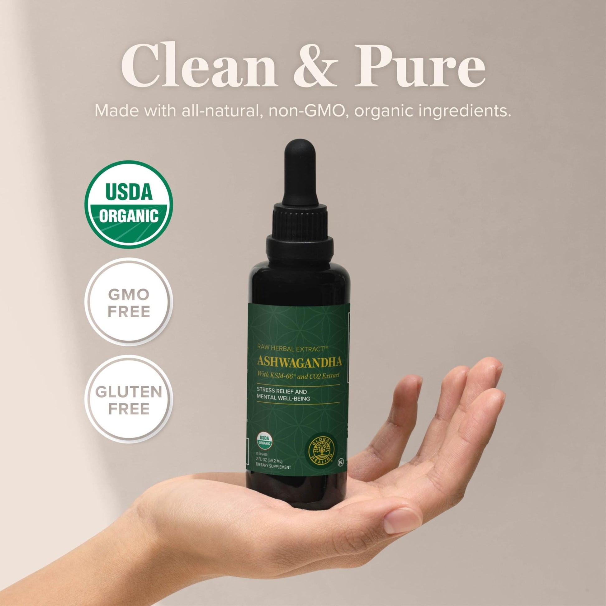 Global Healing Center - Organic Ashwagandha Supplements Drops - KSM-66 Ashwagandha Extra Strength for Men & Women, Helps Promote Relief from Stress, Mood Support, Organic (2 Fl Oz) - OzHealthStandard