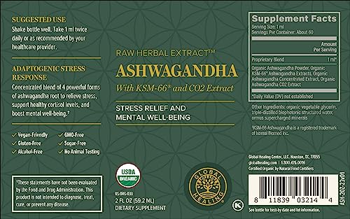Global Healing Center - Organic Ashwagandha Supplements Drops - KSM-66 Ashwagandha Extra Strength for Men & Women, Helps Promote Relief from Stress, Mood Support, Organic (2 Fl Oz) - OzHealthStandard