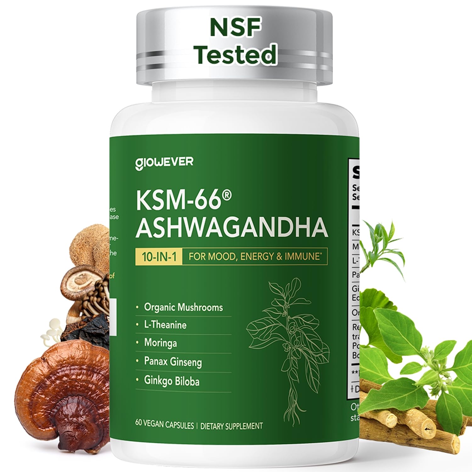 GlowEver KSM-66 Ashwagandha Supplements with L-Theanine Moringa Organic Mushrooms Complex Ginseng Ginkgo Biloba - Mood & Energy Support, Cortisol Manager, Immune Support, 60 Vegan Capsules - OzHealthStandard