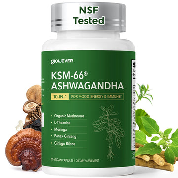 GlowEver KSM-66 Ashwagandha Supplements with L-Theanine Moringa Organic Mushrooms Complex Ginseng Ginkgo Biloba - Mood & Energy Support, Cortisol Manager, Immune Support, 60 Vegan Capsules - OzHealthStandard
