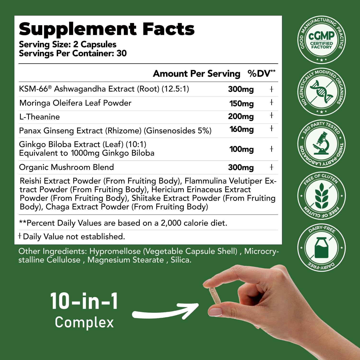 GlowEver KSM-66 Ashwagandha Supplements with L-Theanine Moringa Organic Mushrooms Complex Ginseng Ginkgo Biloba - Mood & Energy Support, Cortisol Manager, Immune Support, 60 Vegan Capsules - OzHealthStandard
