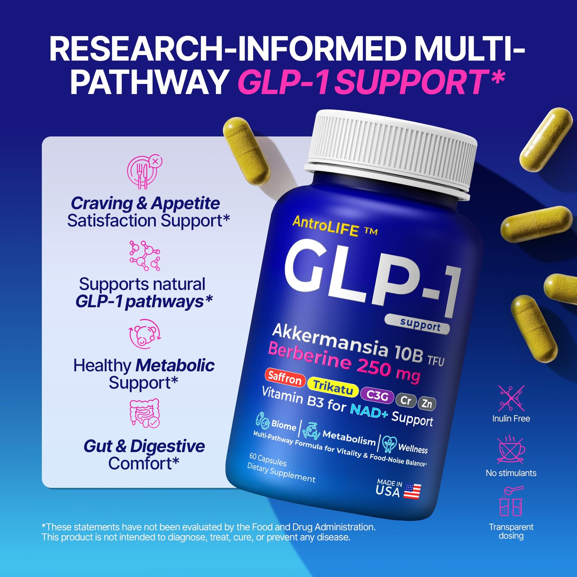 GLP-1 Support – Akkermansia Postbiotic 10B TFU + Berberine HCl 250 mg | 18-Ingredient System | Appetite, Mood & Metabolic Support | Inulin-Free | Saffron, NAD+ Cofactors | 3 Pack | 90-Day Supply - OzHealthStandard