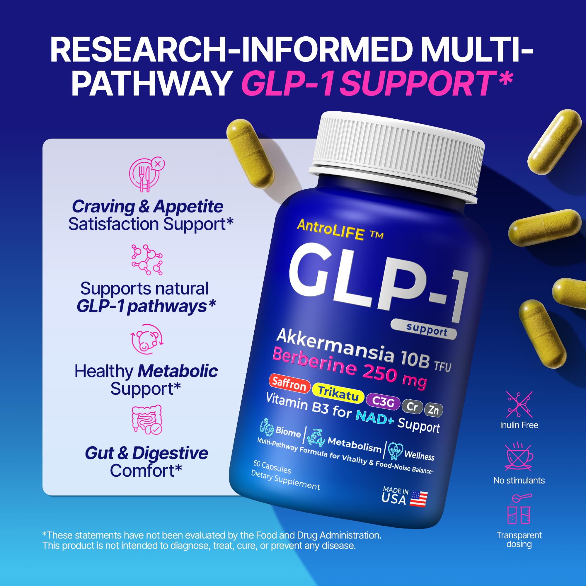 GLP-1 Support – Akkermansia Postbiotic 10B TFU + Berberine HCl 250 mg | 18-Ingredient System | Appetite, Mood & Metabolic Support | Inulin-Free | Saffron, NAD+ Cofactors | 3 Pack | 90-Day Supply - OzHealthStandard