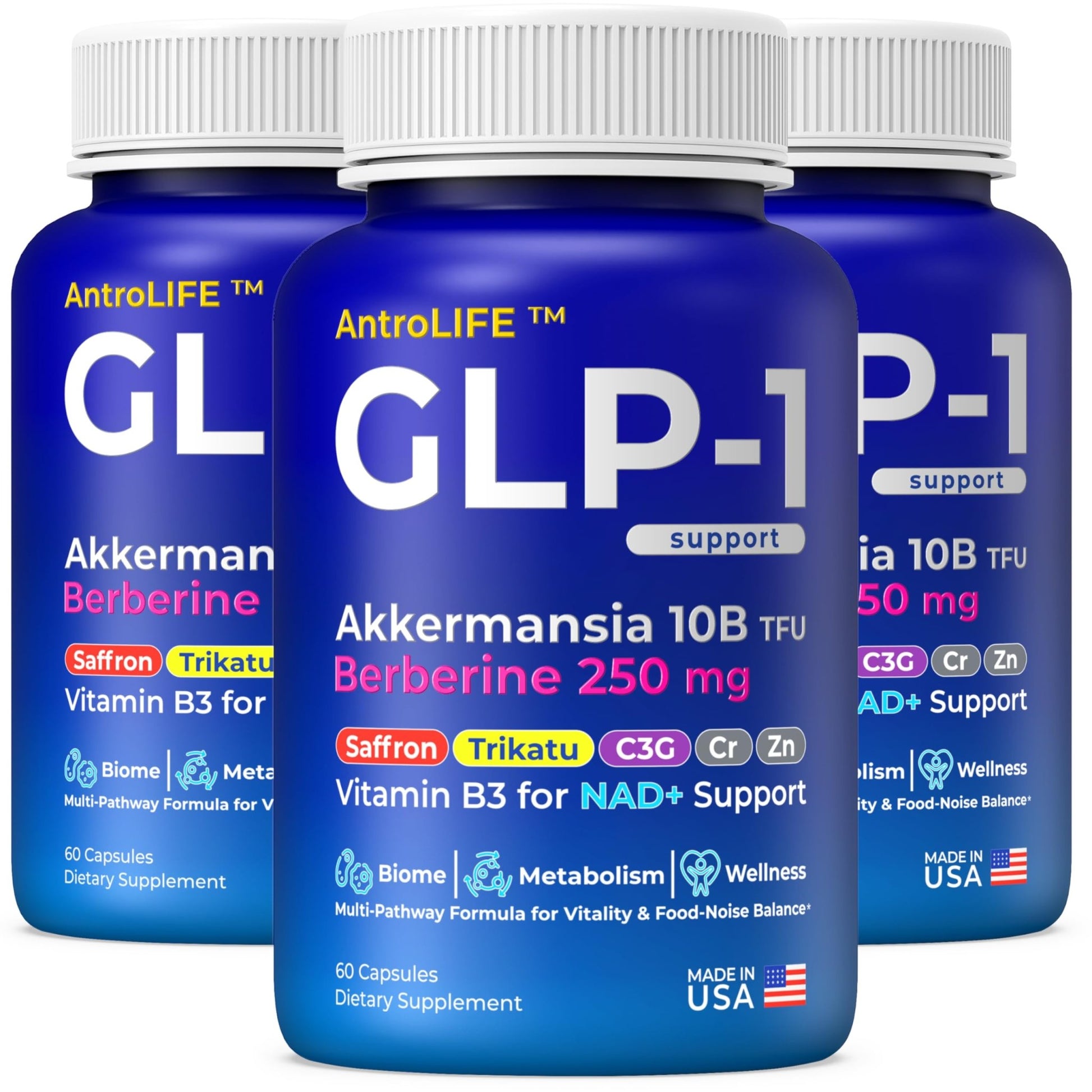 GLP-1 Support – Akkermansia Postbiotic 10B TFU + Berberine HCl 250 mg | 18-Ingredient System | Appetite, Mood & Metabolic Support | Inulin-Free | Saffron, NAD+ Cofactors | 3 Pack | 90-Day Supply - OzHealthStandard