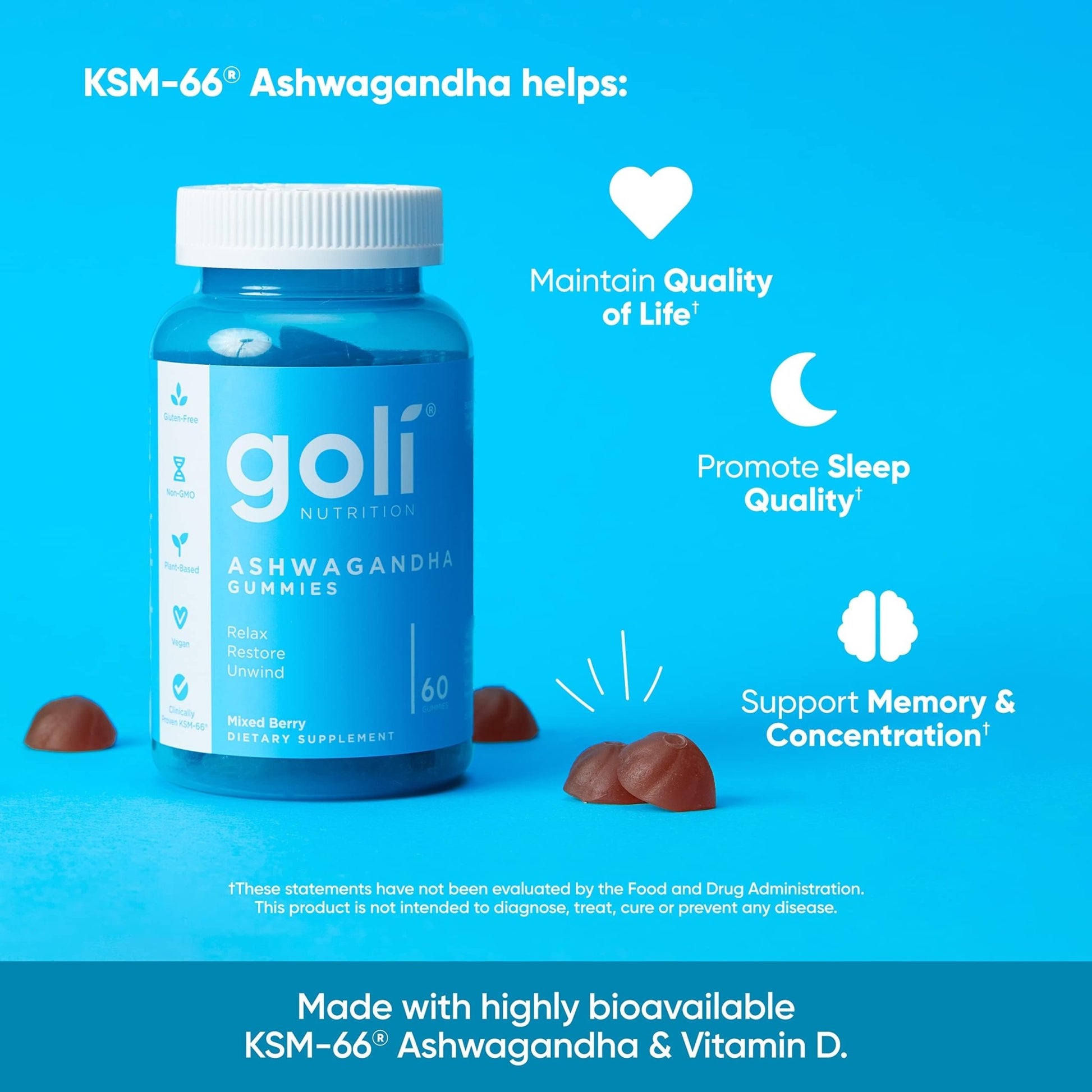 Goli Ashwagandha & Vitamin D Gummy - 60 Count - Mixed Berry, KSM-66, Vegan, Plant Based, Non-GMO, Gluten-Free & Gelatin Free Relax. Restore. Unwind, Pack of 1 - OzHealthStandard