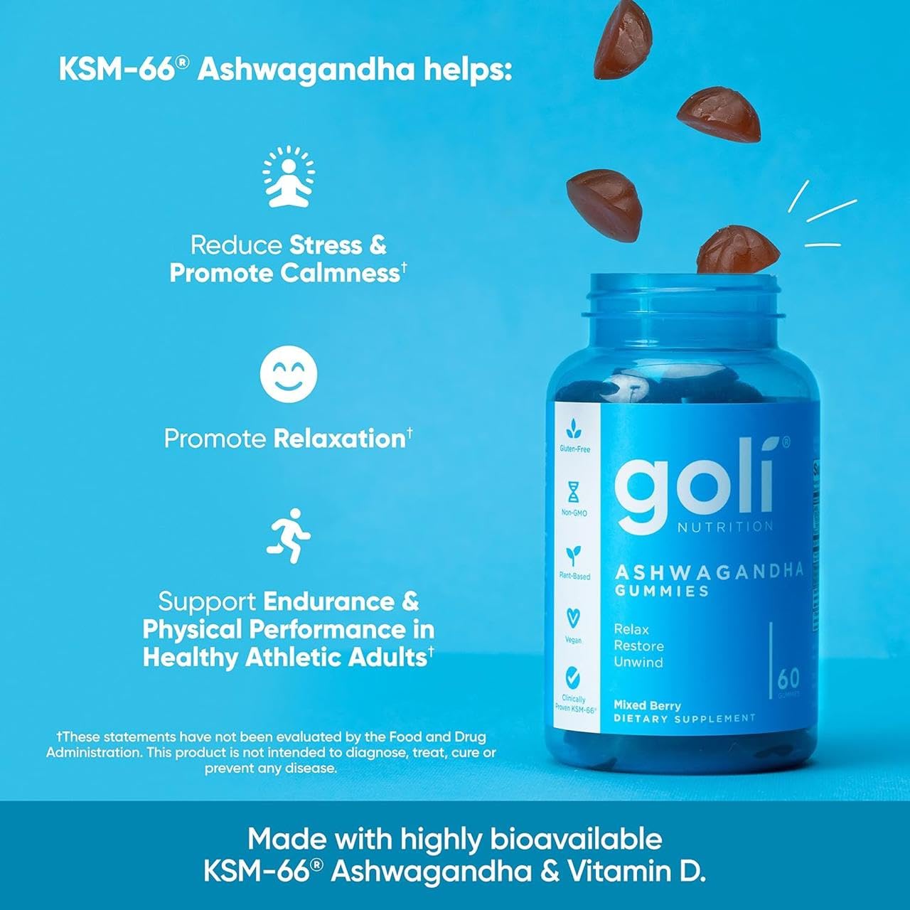 Goli Ashwagandha & Vitamin D Gummy - 60 Count - Mixed Berry, KSM-66, Vegan, Plant Based, Non-GMO, Gluten-Free & Gelatin Free Relax. Restore. Unwind, Pack of 1 - OzHealthStandard
