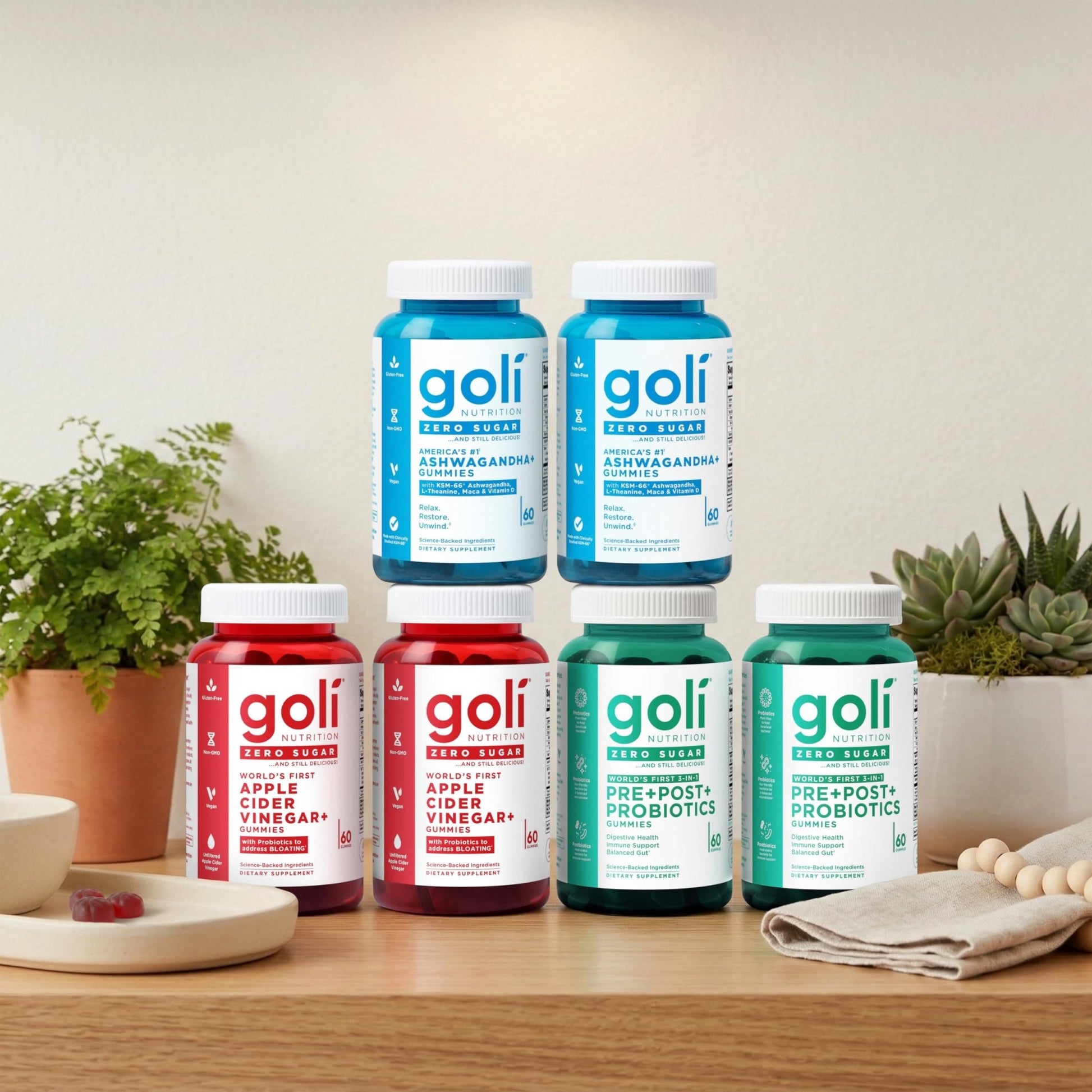Goli Zero Sugar 6 Pack Bundle - World's First 3-in-1 Pre, Post, Probiotic, Apple Cider Vinegar with Vitamin B12 and Probiotics to Address Bloating, Ashwagandha & L-Theanine, Vitamin D Gummies - OzHealthStandard
