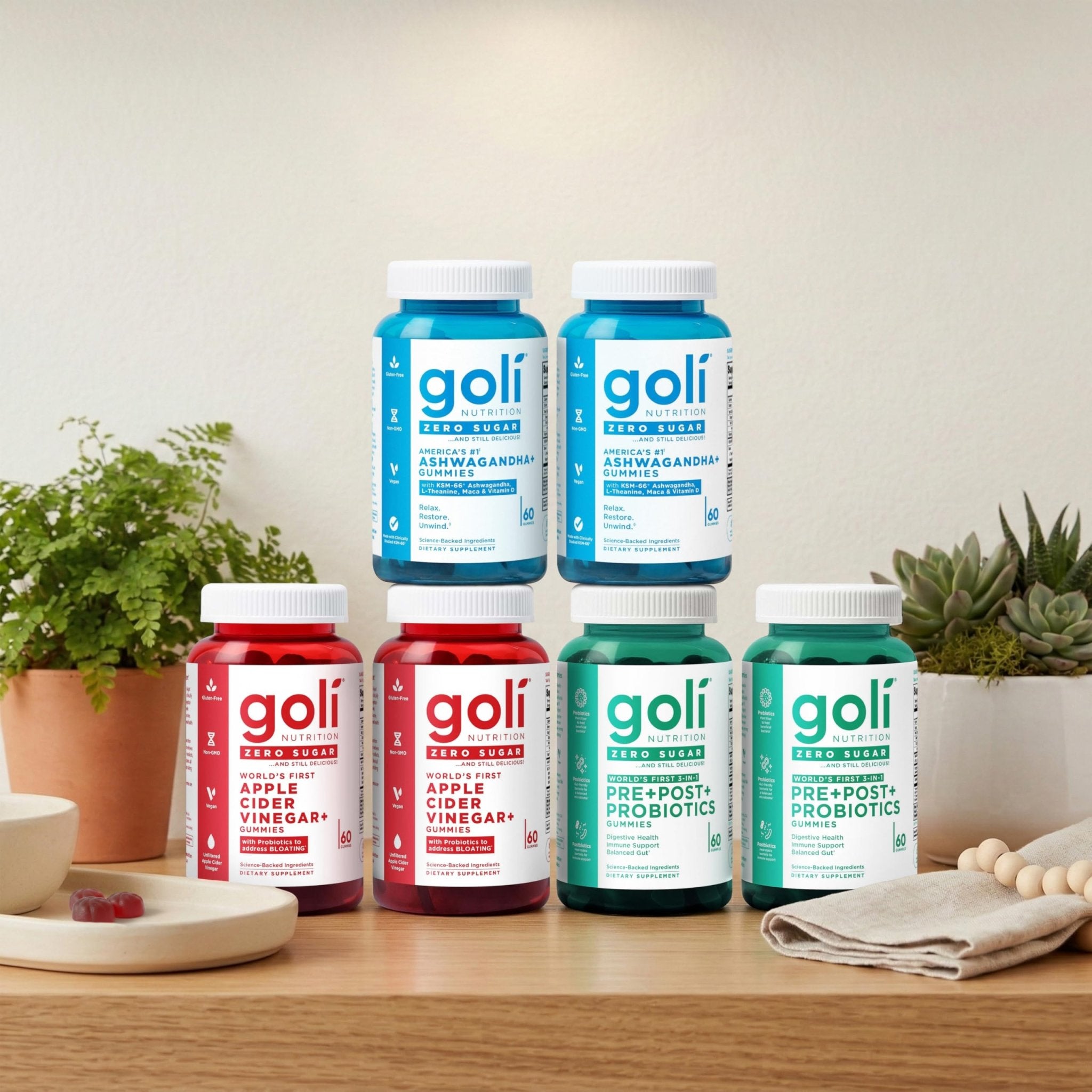 Goli Zero Sugar 6 Pack Bundle - World's First 3-in-1 Pre, Post, Probiotic, Apple Cider Vinegar with Vitamin B12 and Probiotics to Address Bloating, Ashwagandha & L-Theanine, Vitamin D Gummies - OzHealthStandard
