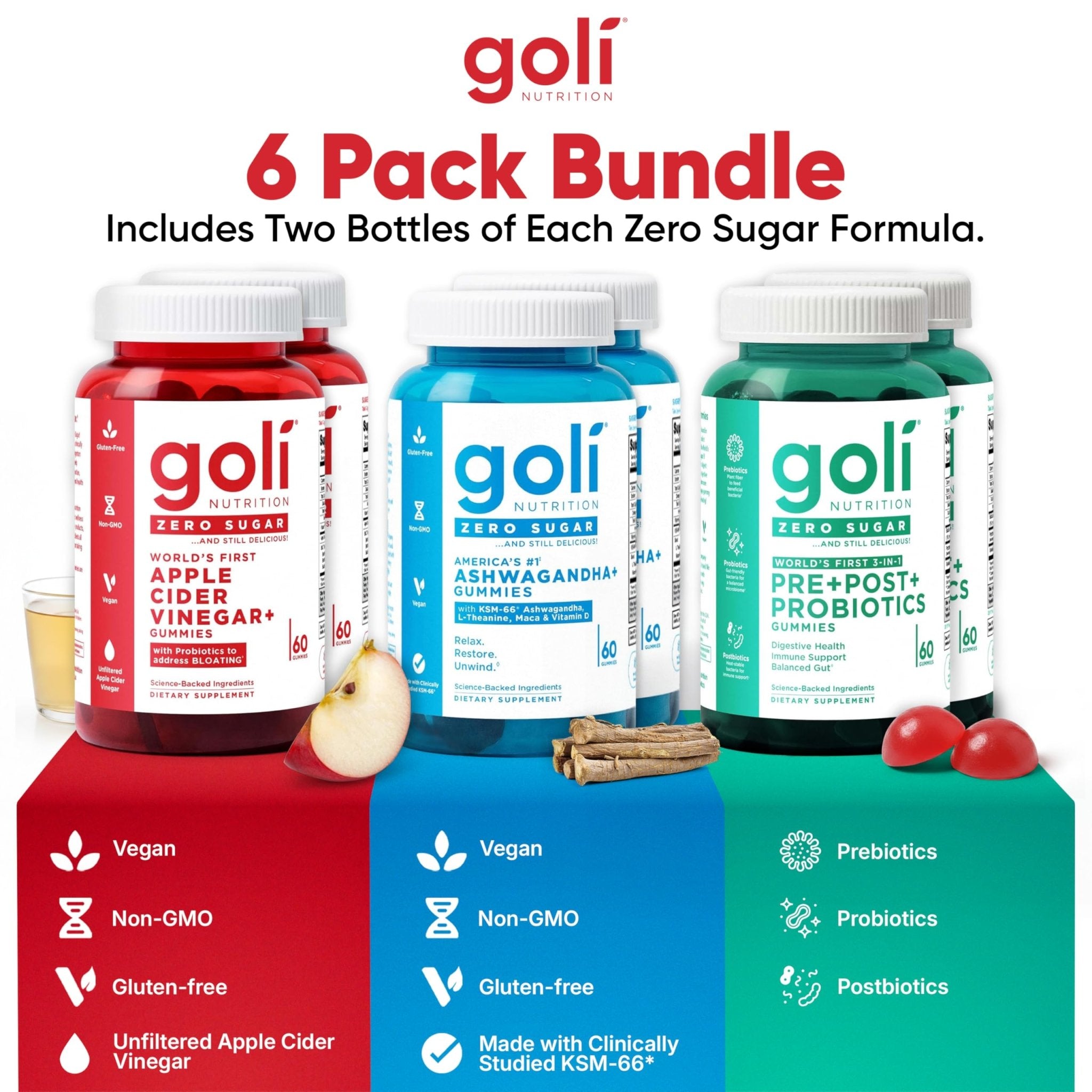 Goli Zero Sugar 6 Pack Bundle - World's First 3-in-1 Pre, Post, Probiotic, Apple Cider Vinegar with Vitamin B12 and Probiotics to Address Bloating, Ashwagandha & L-Theanine, Vitamin D Gummies - OzHealthStandard