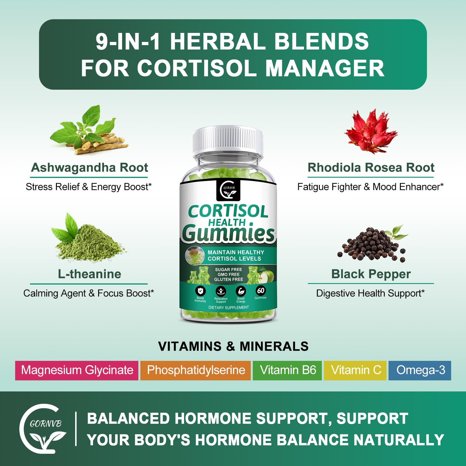 GORNVB Cortisol Gummies, Cortisol Supplement for Women with Magnesium, Ashwagandha, Rhodiola, Phosphatidylserine, L-Theanine, Black Pepper, Vitamin C & B6 - Relaxation, Focus, Sleep Support - 2 Pack - OzHealthStandard