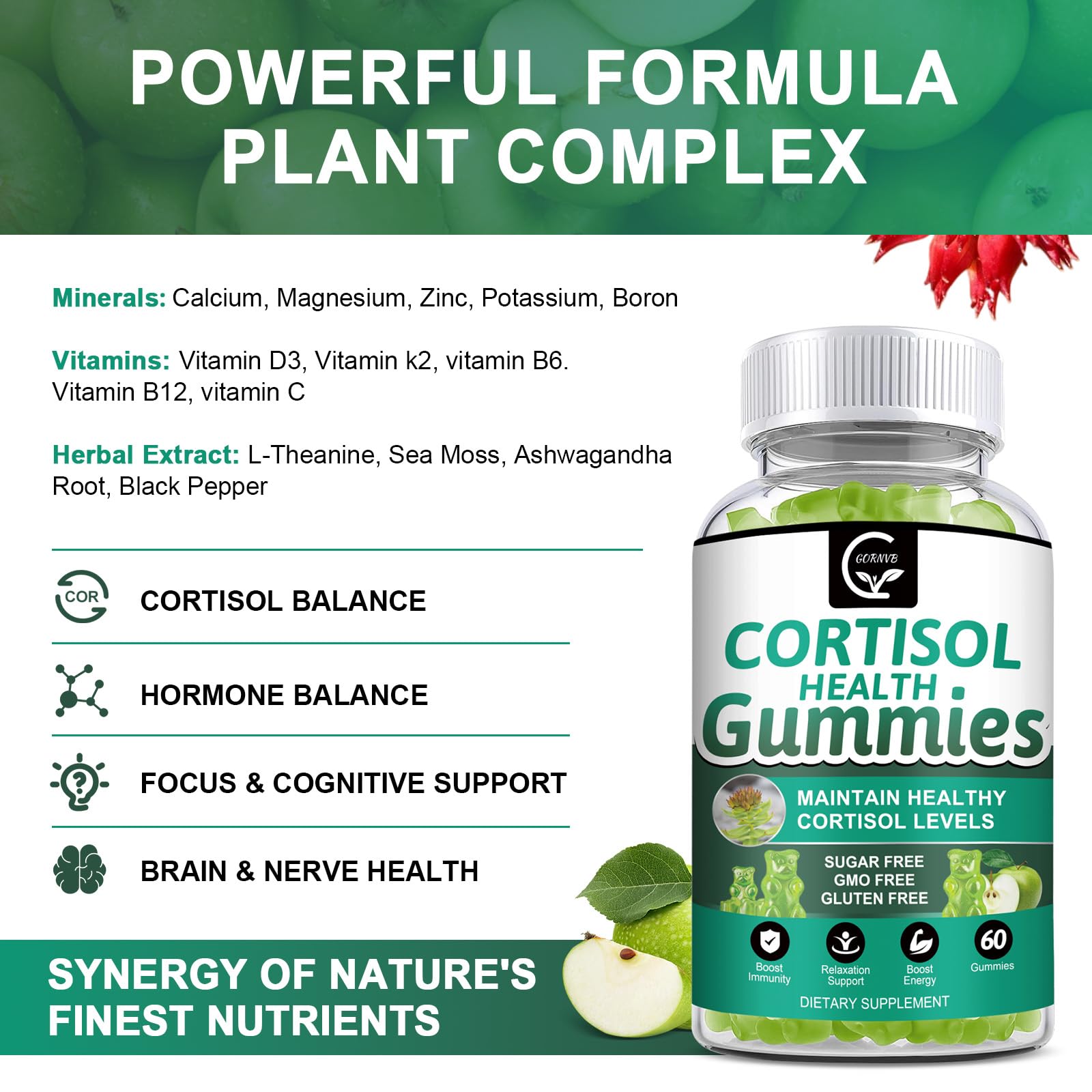 GORNVB Cortisol Gummies, Cortisol Supplement for Women with Magnesium, Ashwagandha, Rhodiola, Phosphatidylserine, L-Theanine, Black Pepper, Vitamin C & B6 - Relaxation, Focus, Sleep Support - 2 Pack - OzHealthStandard