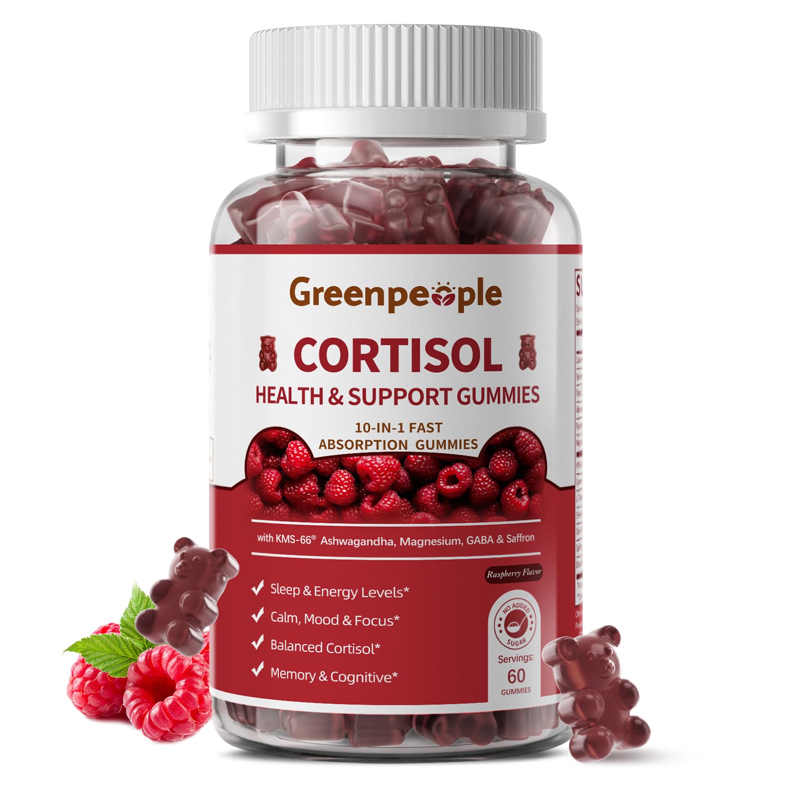 GREENPEOPLE Cortisol Supplements for Women & Men - Cortisol Reducer Detox Manager w/KSM-66 Ashwagandha/Magnesium/L-theanine/GABA/Vitamin B6 for Mood/Sleep/Stress Relief 60 CT Raspberry Flavor Gummies - OzHealthStandard