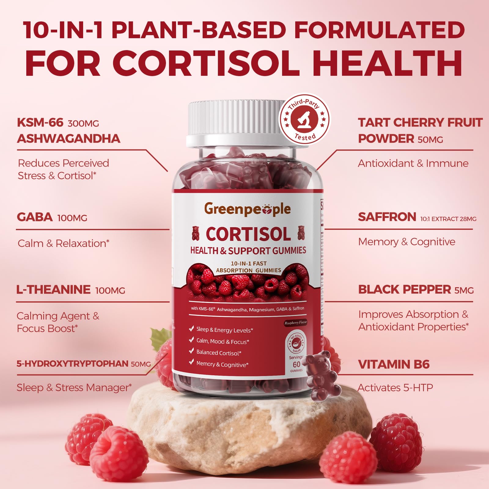 GREENPEOPLE Cortisol Supplements for Women & Men - Cortisol Reducer Detox Manager w/KSM-66 Ashwagandha/Magnesium/L-theanine/GABA/Vitamin B6 for Mood/Sleep/Stress Relief 60 CT Raspberry Flavor Gummies - OzHealthStandard