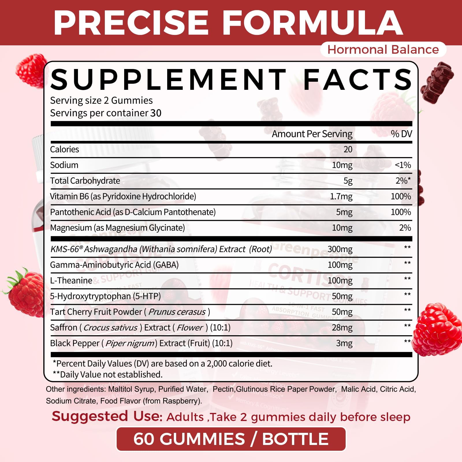 GREENPEOPLE Cortisol Supplements for Women & Men - Cortisol Reducer Detox Manager w/KSM-66 Ashwagandha/Magnesium/L-theanine/GABA/Vitamin B6 for Mood/Sleep/Stress Relief 60 CT Raspberry Flavor Gummies - OzHealthStandard