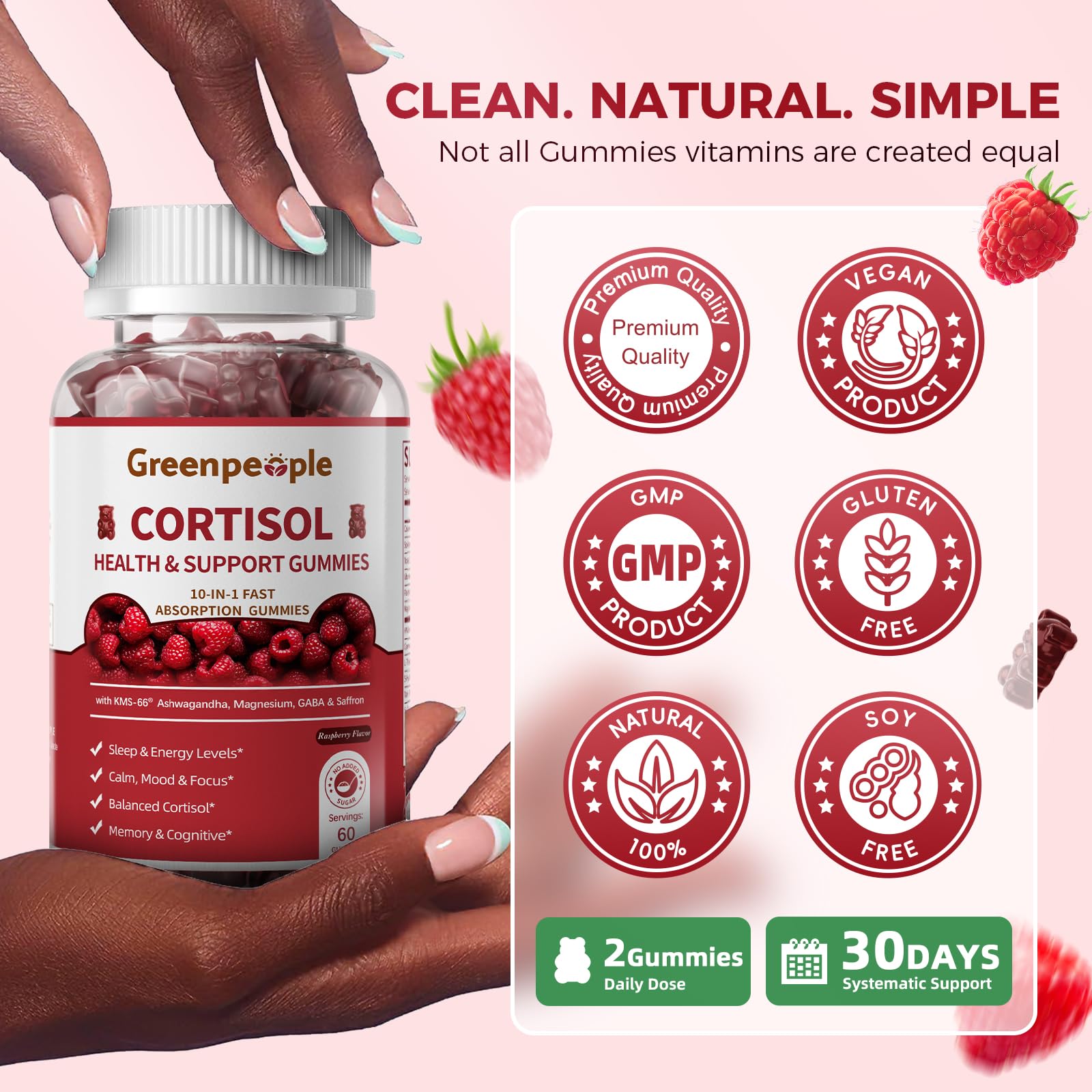 GREENPEOPLE Cortisol Supplements for Women & Men - Cortisol Reducer Detox Manager w/KSM-66 Ashwagandha/Magnesium/L-theanine/GABA/Vitamin B6 for Mood/Sleep/Stress Relief 60 CT Raspberry Flavor Gummies - OzHealthStandard