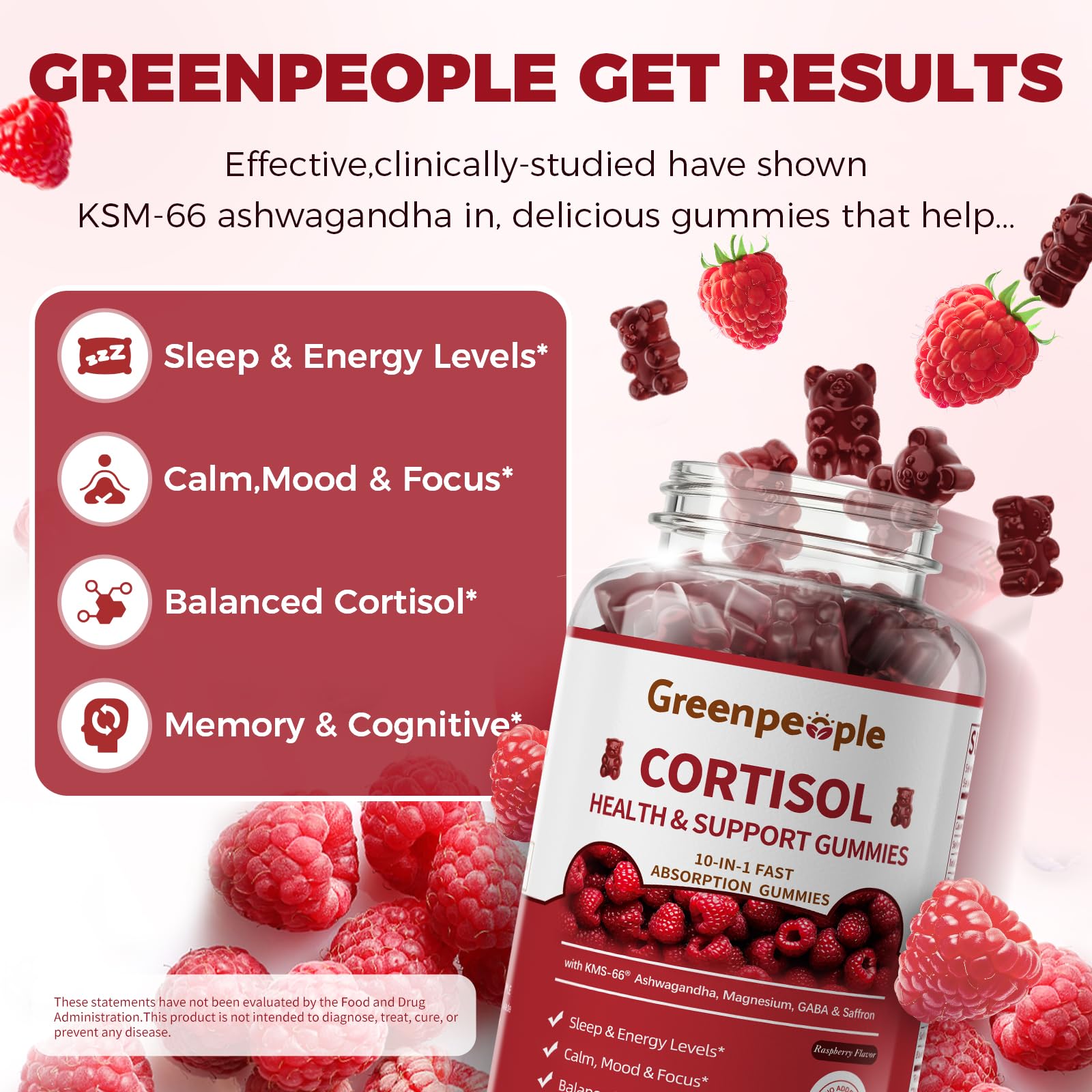 GREENPEOPLE Cortisol Supplements for Women & Men - Cortisol Reducer Detox Manager w/KSM-66 Ashwagandha/Magnesium/L-theanine/GABA/Vitamin B6 for Mood/Sleep/Stress Relief 60 CT Raspberry Flavor Gummies - OzHealthStandard