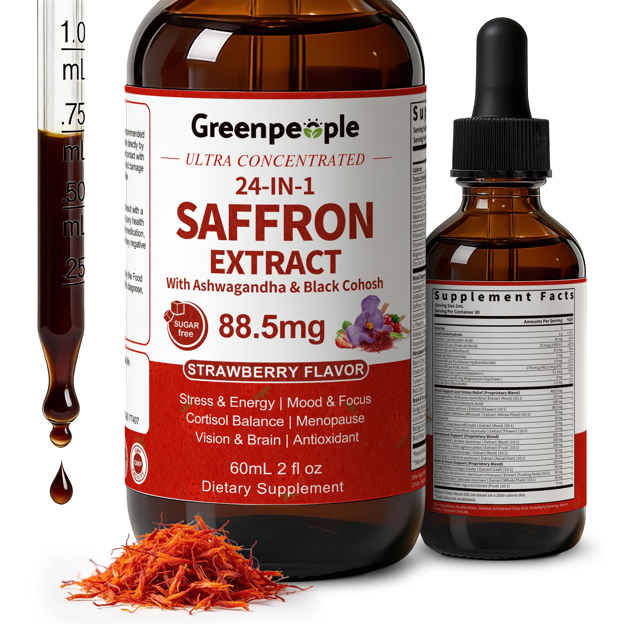 GREENPEOPLE Saffron Extract Supplements Drop - 24-in-1 88.5mg Saffron Extract with Ashwagandha,Black Cohosh & Lion's Mane for Mood&Focus,Stress Relief,Cortisol Reducer,Menopause – Vegan 2FL OZ - OzHealthStandard