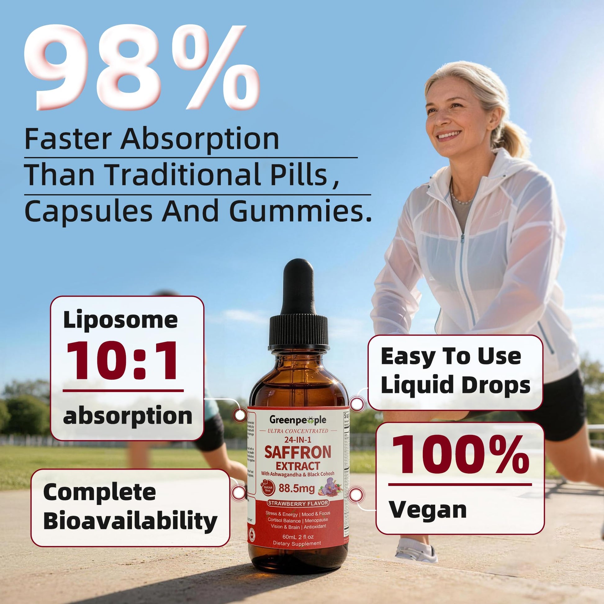 GREENPEOPLE Saffron Extract Supplements Drop - 24-in-1 88.5mg Saffron Extract with Ashwagandha,Black Cohosh & Lion's Mane for Mood&Focus,Stress Relief,Cortisol Reducer,Menopause – Vegan 2FL OZ - OzHealthStandard