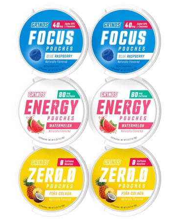 GRINDS Pouches Performance Sampler Pack - Includes Watermelon Energy, Caffeine-Free Piña Colada and Blue Raspberry Nootropic Pouches - Sugar-Free - Zero Calories - OzHealthStandard