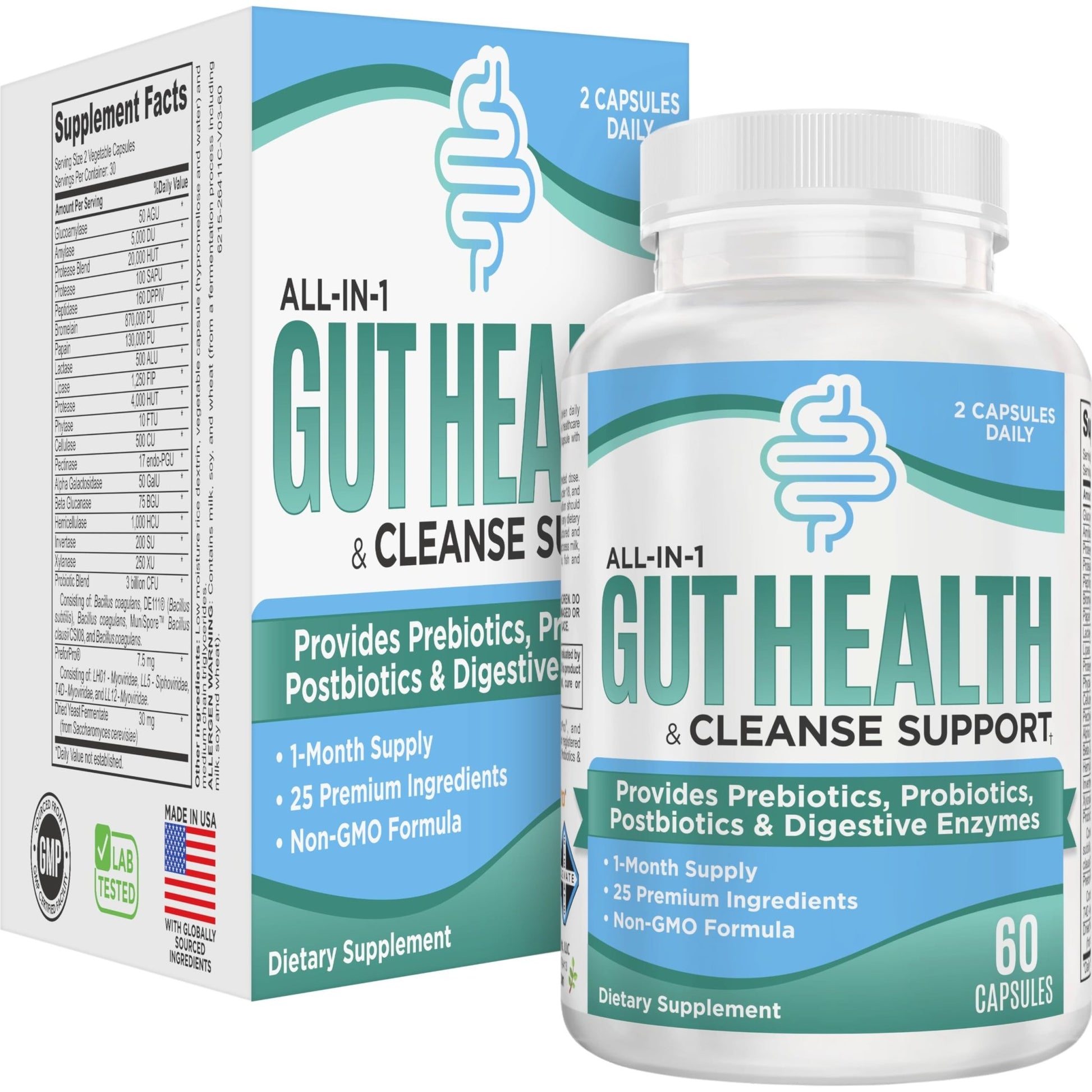 Gut Health Support Supplement (25-in-1) with Prebiotics, Probiotics, Postbiotics & Digestive Enzymes | Gut Supplements | 60 Capsules - OzHealthStandard