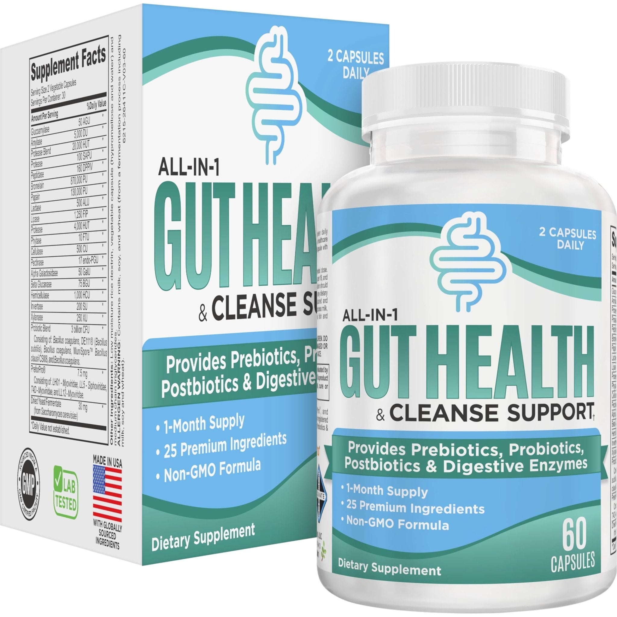Gut Health Support Supplement (25-in-1) with Prebiotics, Probiotics, Postbiotics & Digestive Enzymes | Gut Supplements | 60 Capsules - OzHealthStandard