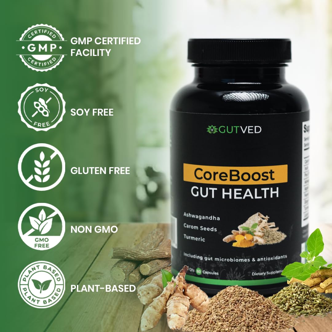 GUTVED Bloating & Gas Relief Probiotic for Women & Men | 9-in-1 Gut & Digestive Support with Probiotics, Prebiotic Inulin, Turmeric, Ginger & Fennel | Daily Plant-Based Capsules, 60 Count - OzHealthStandard