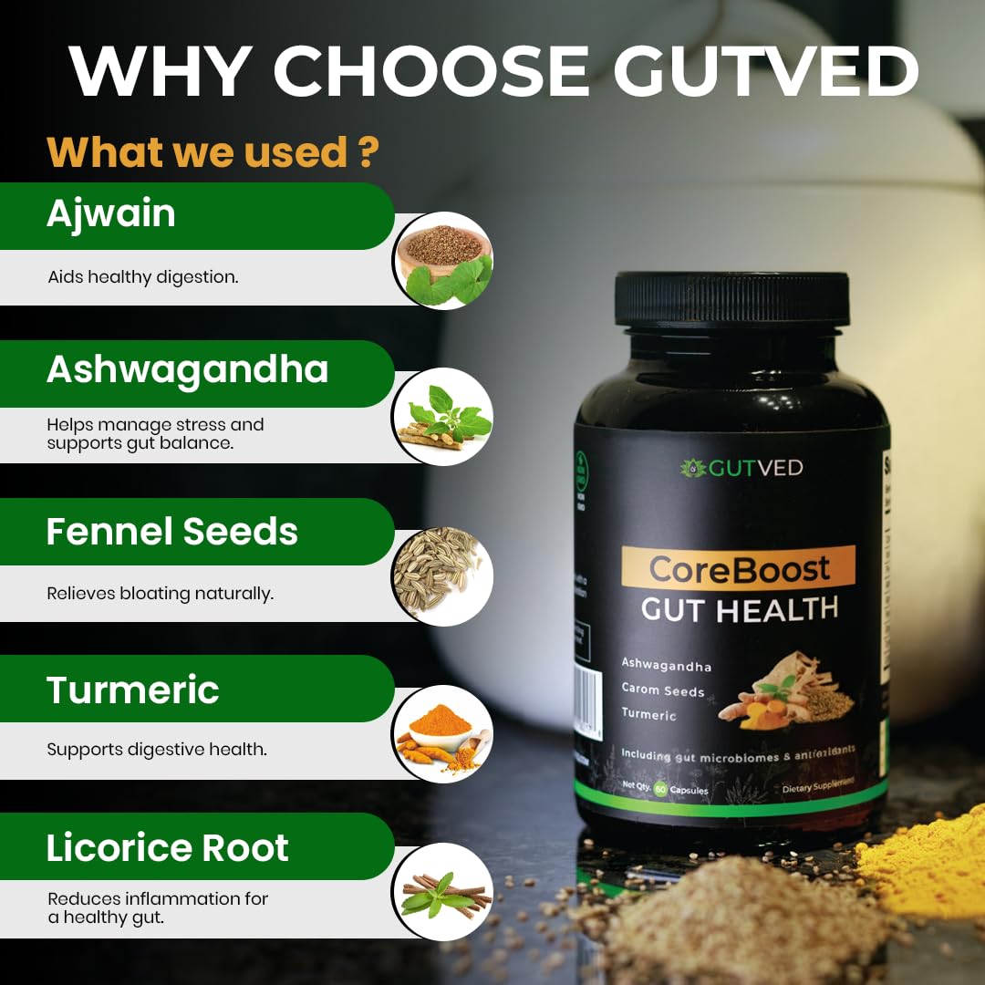 GUTVED Bloating & Gas Relief Probiotic for Women & Men | 9-in-1 Gut & Digestive Support with Probiotics, Prebiotic Inulin, Turmeric, Ginger & Fennel | Daily Plant-Based Capsules, 60 Count - OzHealthStandard