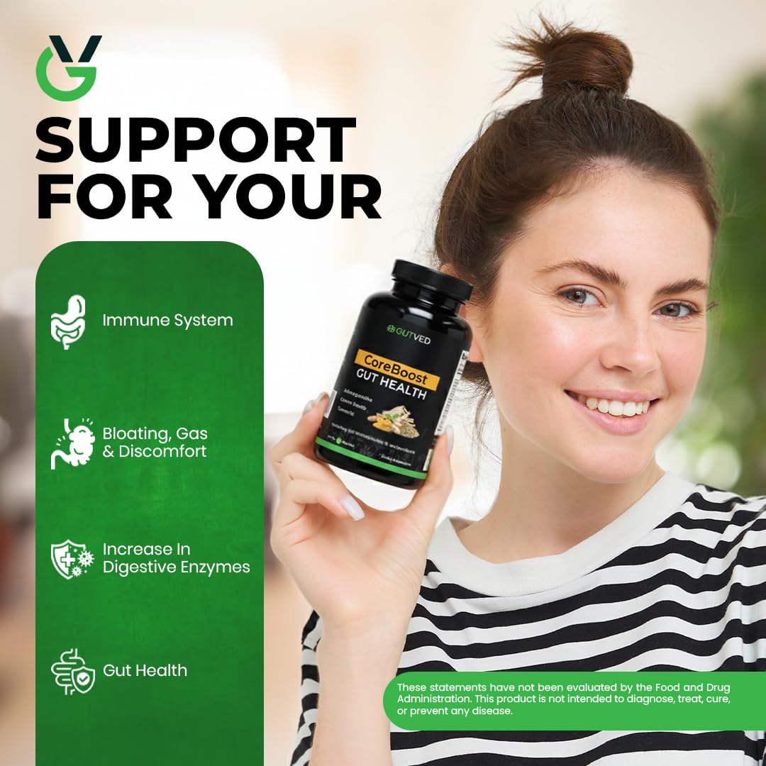 GUTVED Bloating & Gas Relief Probiotic for Women & Men | 9-in-1 Gut & Digestive Support with Probiotics, Prebiotic Inulin, Turmeric, Ginger & Fennel | Daily Plant-Based Capsules, 60 Count - OzHealthStandard
