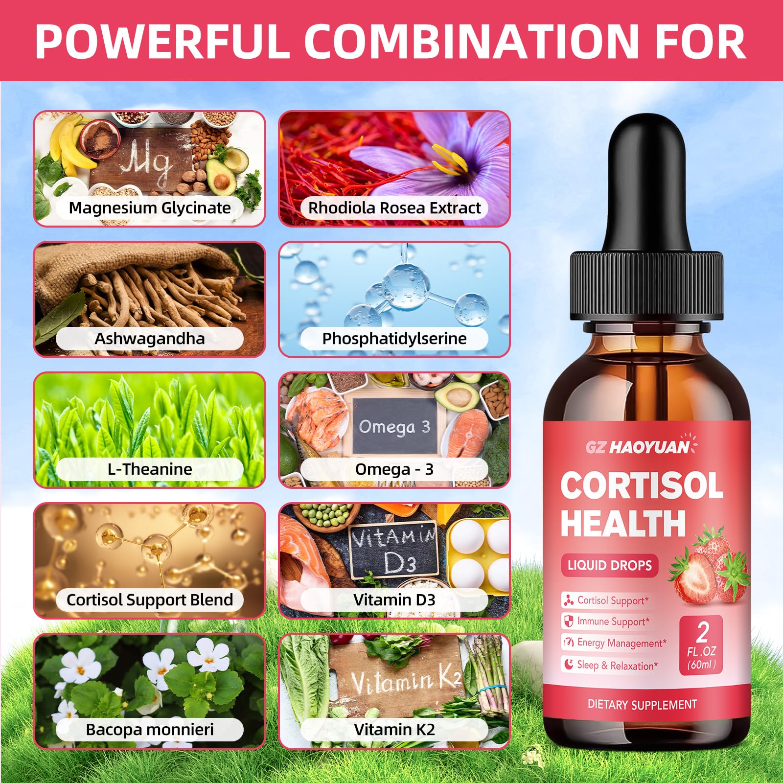 GZ HAOYUAN Cortisol Supplement Liquid Drops for Women and Men with Magnesium, Ashwagandha, L-theanine, Phosphatidylserine for Lower Cortisol, Calm, Mood, Sleep Support - 2 FL.OZ, Strawberry - OzHealthStandard