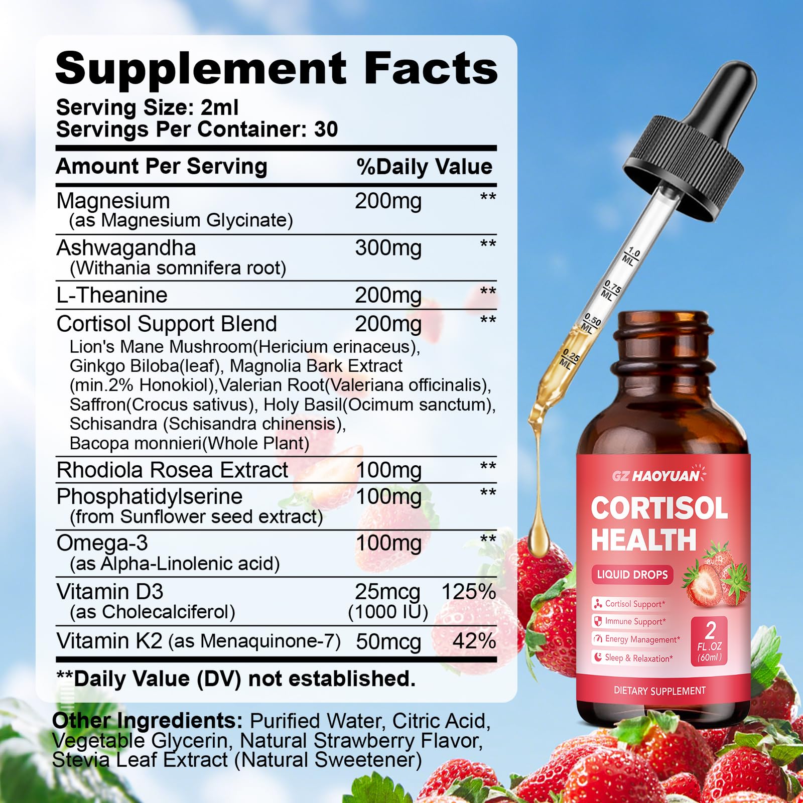 GZ HAOYUAN Cortisol Supplement Liquid Drops for Women and Men with Magnesium, Ashwagandha, L-theanine, Phosphatidylserine for Lower Cortisol, Calm, Mood, Sleep Support - 2 FL.OZ, Strawberry - OzHealthStandard