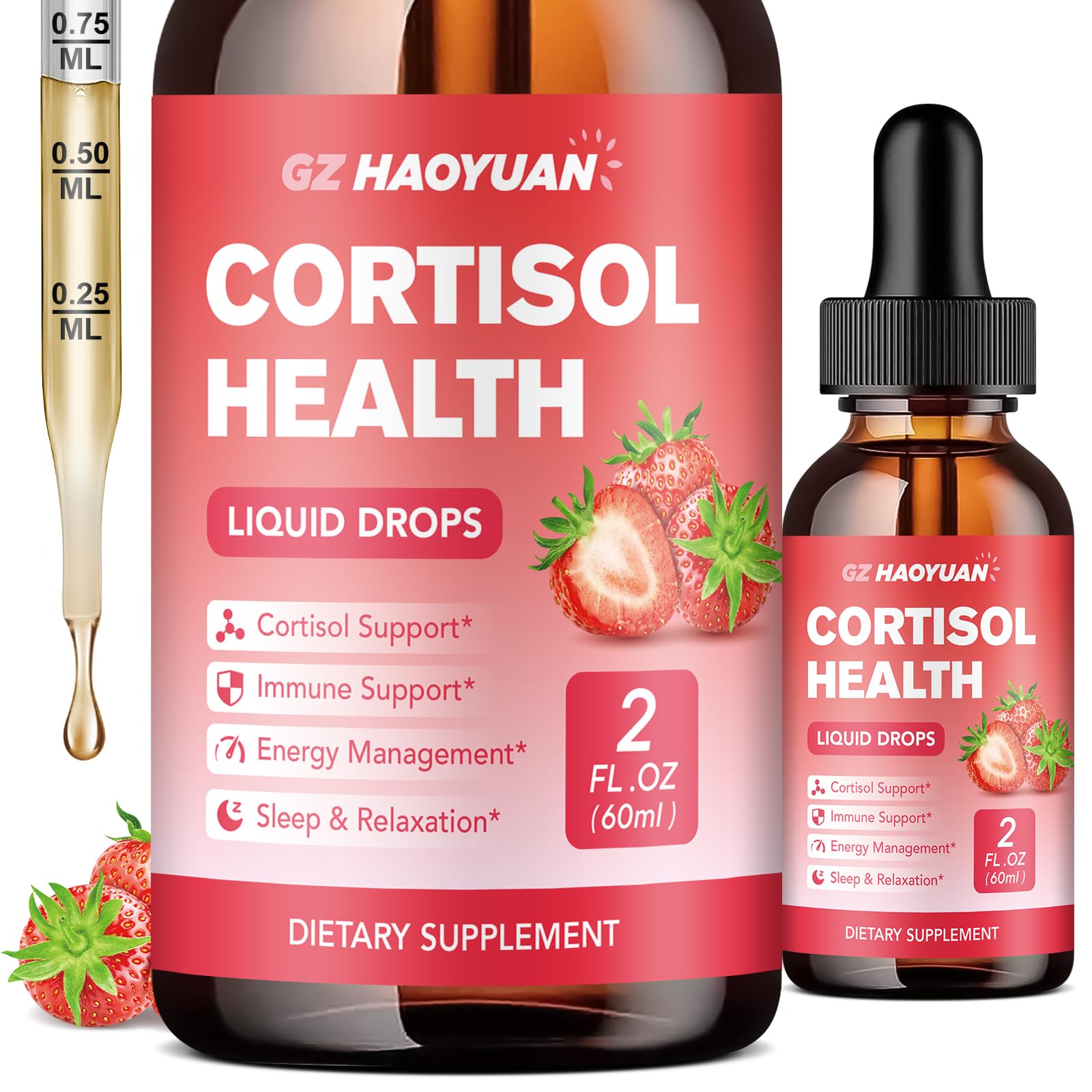 GZ HAOYUAN Cortisol Supplement Liquid Drops for Women and Men with Magnesium, Ashwagandha, L-theanine, Phosphatidylserine for Lower Cortisol, Calm, Mood, Sleep Support - 2 FL.OZ, Strawberry - OzHealthStandard