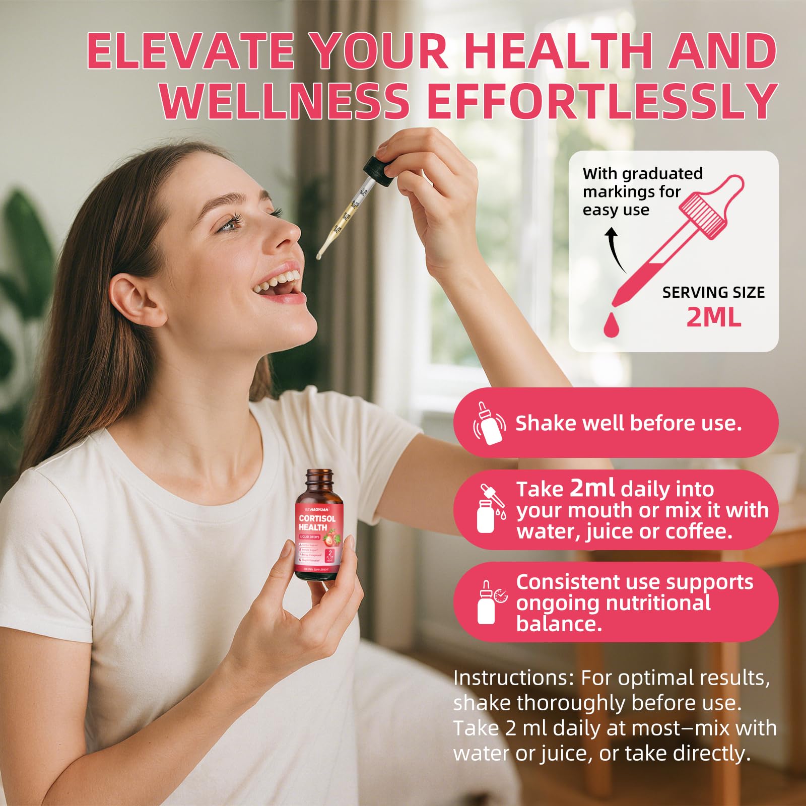 GZ HAOYUAN Cortisol Supplement Liquid Drops for Women and Men with Magnesium, Ashwagandha, L-theanine, Phosphatidylserine for Lower Cortisol, Calm, Mood, Sleep Support - 2 FL.OZ, Strawberry - OzHealthStandard