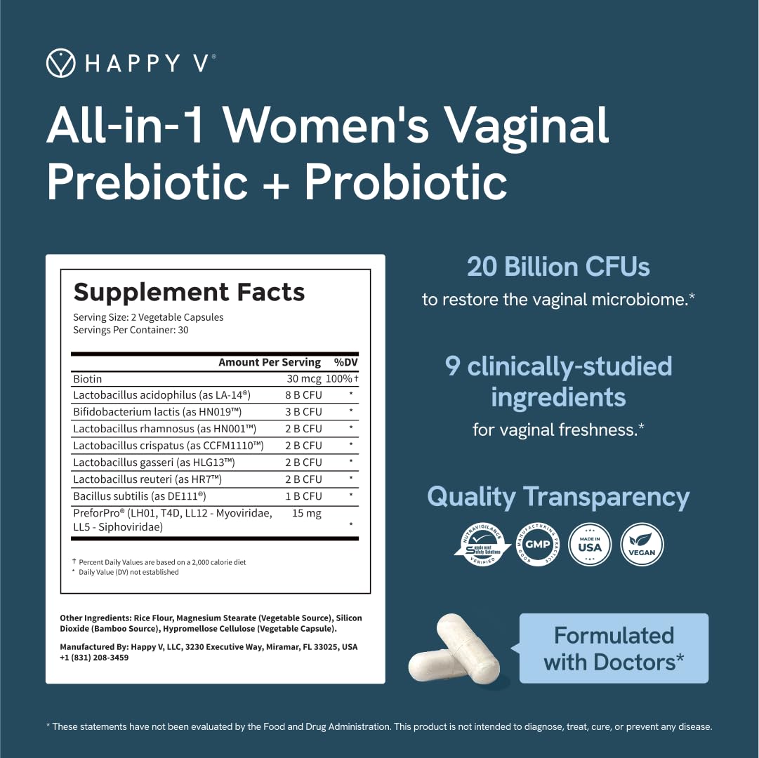 Happy V Dr. Formulated Vaginal Probiotics for Women Odor & Itch Support, Urinary & Gut Health, pH Balance | Womens Daily Probiotic - OzHealthStandard