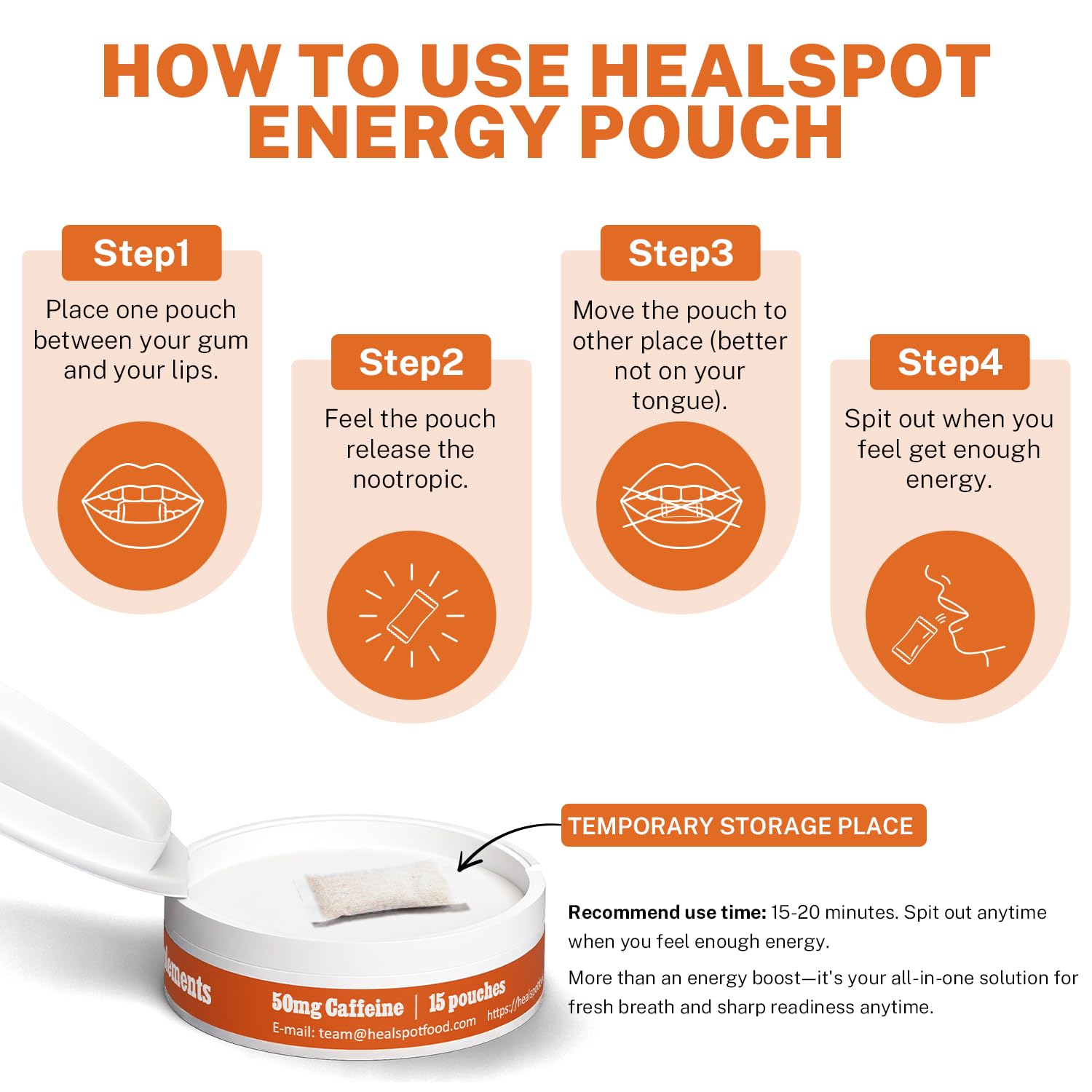 Healspot Nootropic Caffeine Pouches, Energy Pouches with 50mg Caffeine | Taurine | Vitamin B12 | Alpha-GPC | L-Theanine, Focus and Energy Supplements Variety Packs 5 Flavors - OzHealthStandard