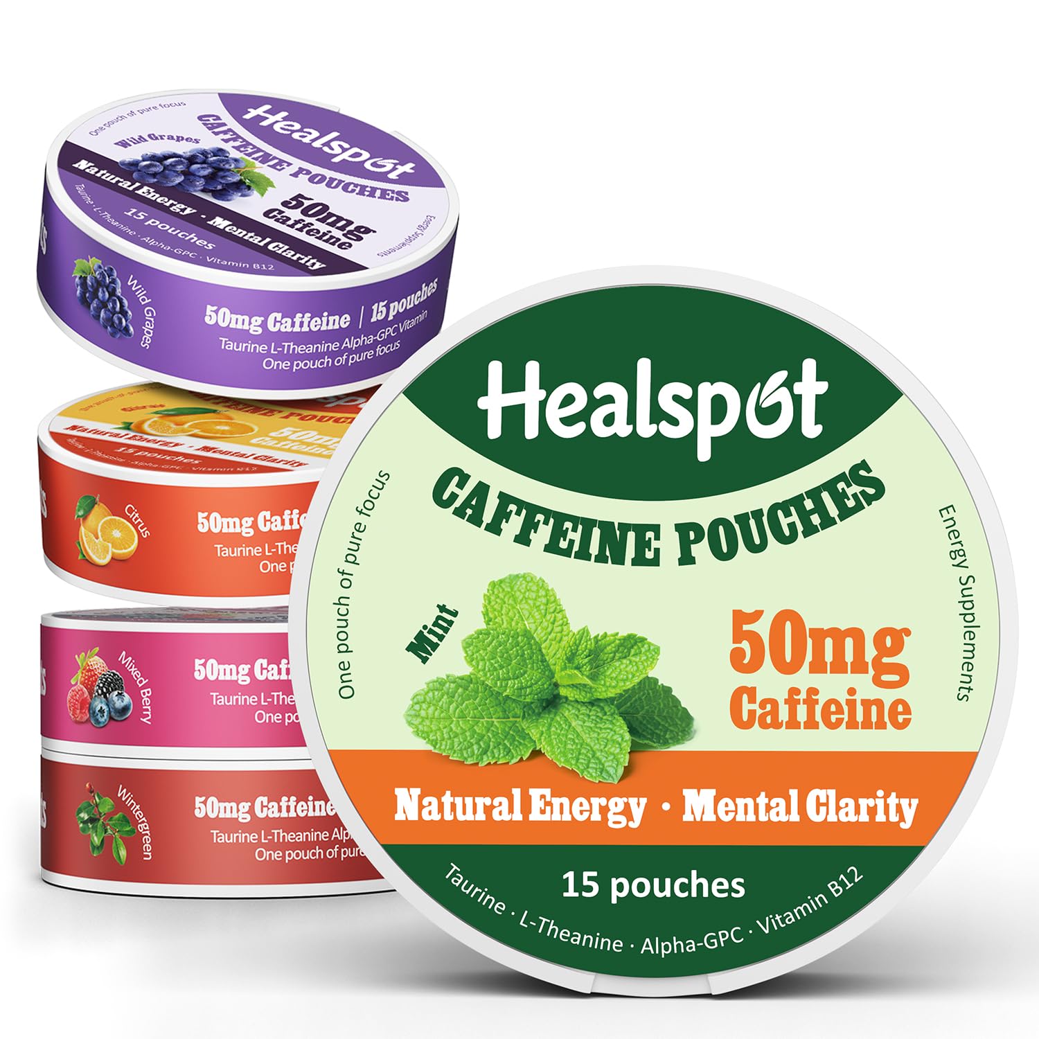 Healspot Nootropic Caffeine Pouches, Energy Pouches with 50mg Caffeine | Taurine | Vitamin B12 | Alpha-GPC | L-Theanine, Focus and Energy Supplements Variety Packs 5 Flavors - OzHealthStandard
