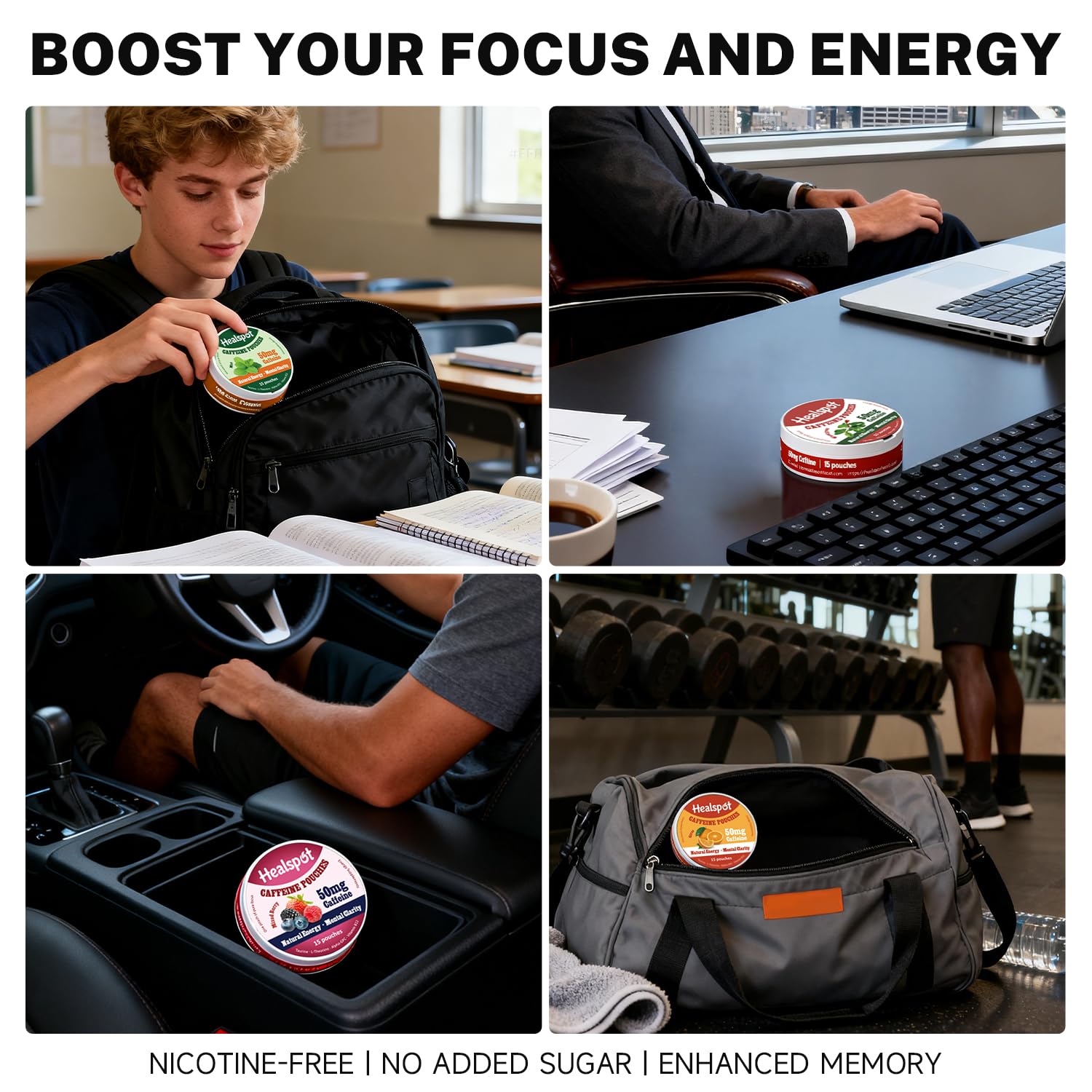 Healspot Nootropic Caffeine Pouches, Energy Pouches with 50mg Caffeine | Taurine | Vitamin B12 | Alpha-GPC | L-Theanine, Focus and Energy Supplements Variety Packs 5 Flavors - OzHealthStandard