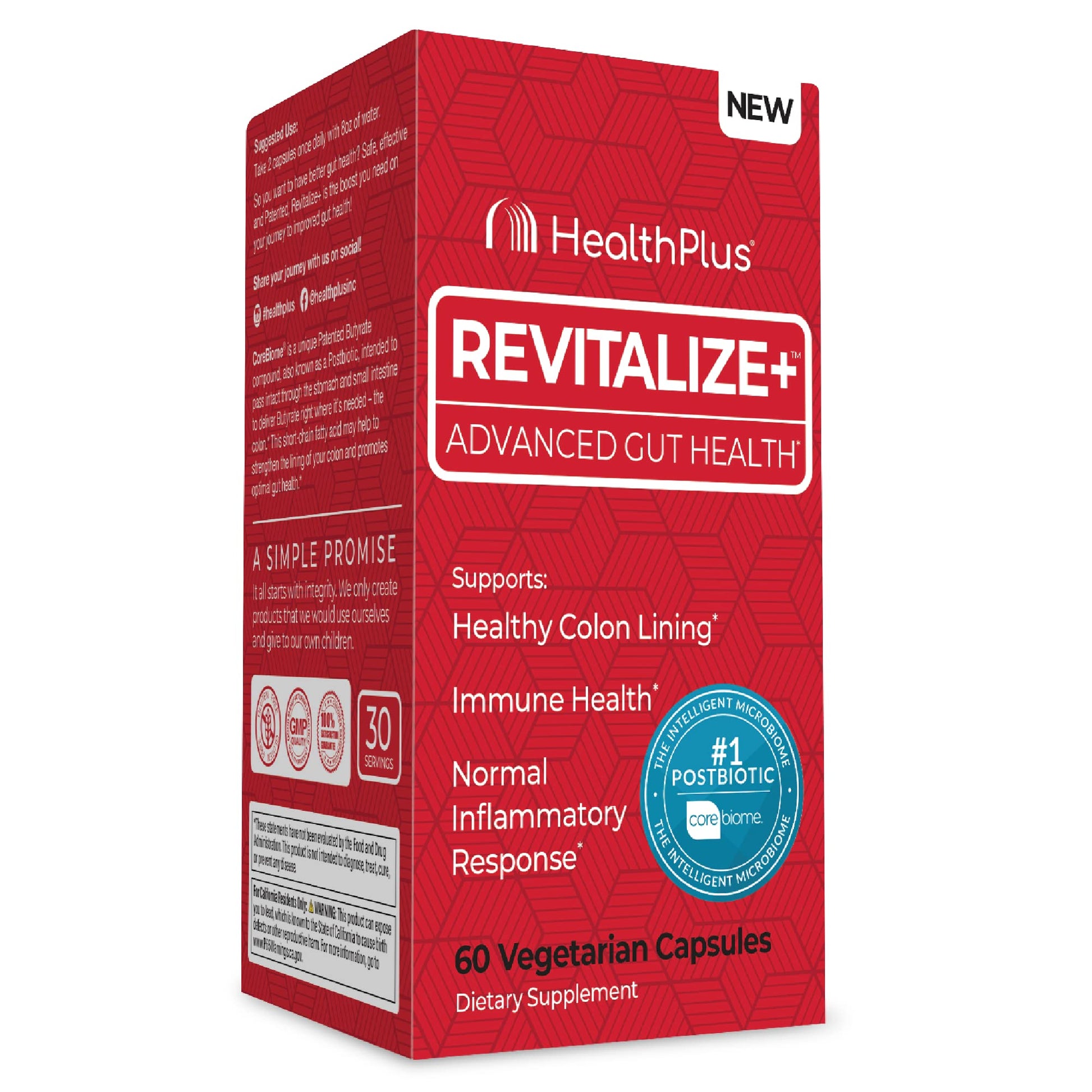 Health Plus Revitalize+ CoreBiome Butyrate Postbiotic for Complete Digestive Health, Leaky Gut & Colon | Gut Health Supplement for Men & Women | 60 Capsules, 30 Servings - OzHealthStandard