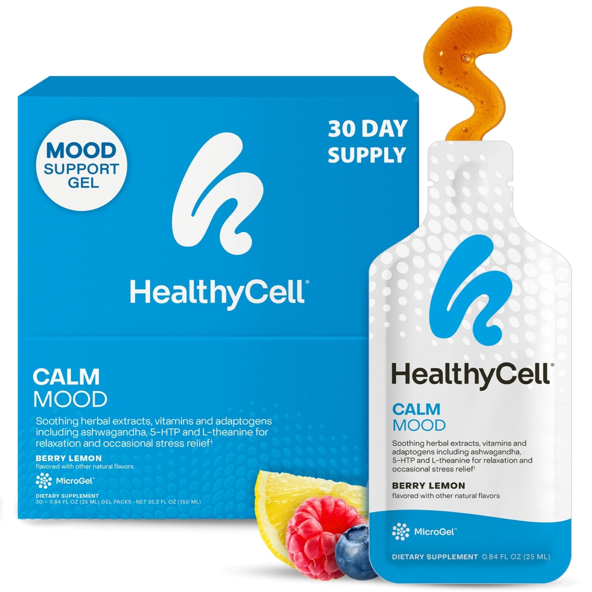 Healthycell Calm Mood Daily Liquid Supplement - Cortisol Manager & Mood Support Supplement for Stress with Ashwagandha, L-Theanine, Magnesium, 5-HTP, GABA & Saffron - 30 Gel Packs - OzHealthStandard