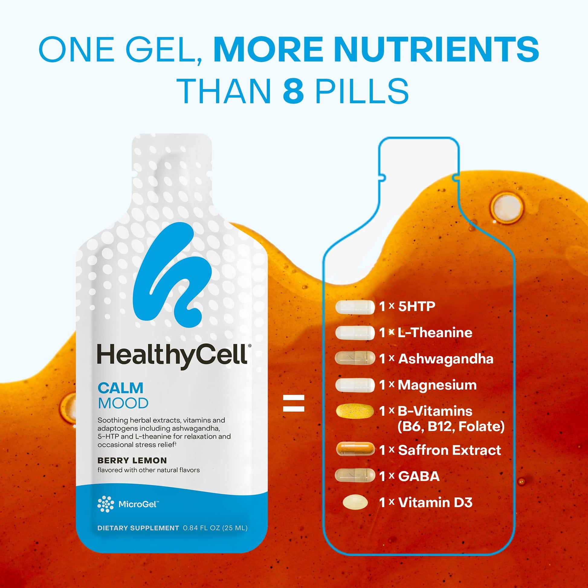Healthycell Calm Mood Daily Liquid Supplement - Cortisol Manager & Mood Support Supplement for Stress with Ashwagandha, L-Theanine, Magnesium, 5-HTP, GABA & Saffron - 30 Gel Packs - OzHealthStandard