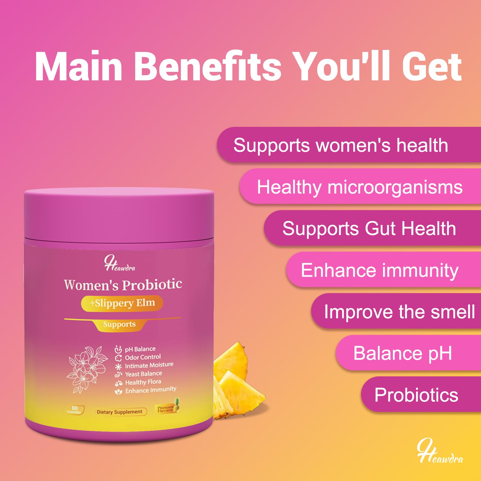 Her Juicy Women's Probiotic Gummies: Supports Women’s Wellness & pH Balance, Clean Vegan, Pineapple Flavor, Prebiotics & Lactobacillus Blend, with Slippery Elm, Gut Health & Immune Defense, 60 Gummies - OzHealthStandard