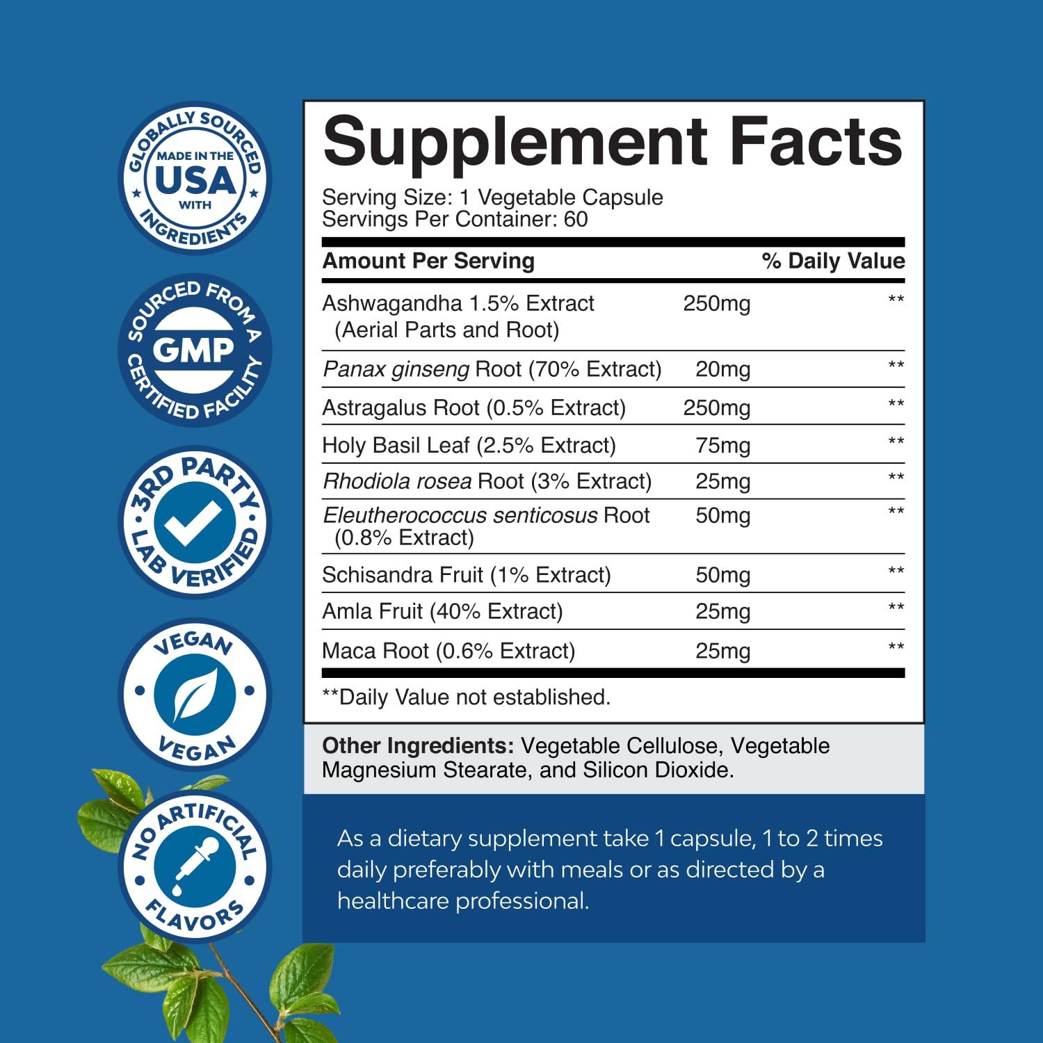 Herbal Adaptogen Mood Support Supplement - Calming Adaptogens Supplement for Stress & Cortisol Management with Ashwagandha Rhodiola Rosea & Maca Root - Vegan & Daytime Friendly - 60 Count - OzHealthStandard