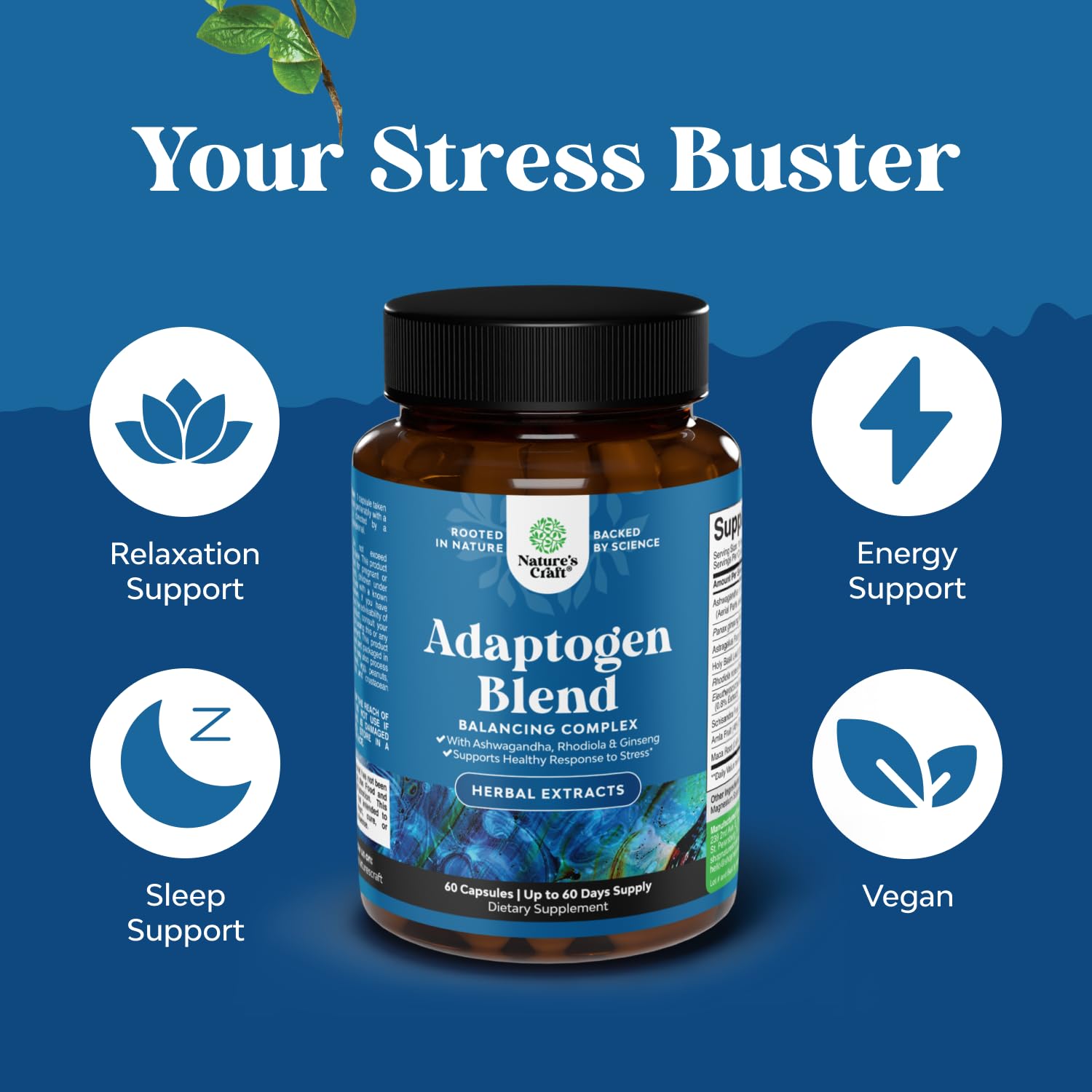 Herbal Adaptogen Mood Support Supplement - Calming Adaptogens Supplement for Stress & Cortisol Management with Ashwagandha Rhodiola Rosea & Maca Root - Vegan & Daytime Friendly - 60 Count - OzHealthStandard