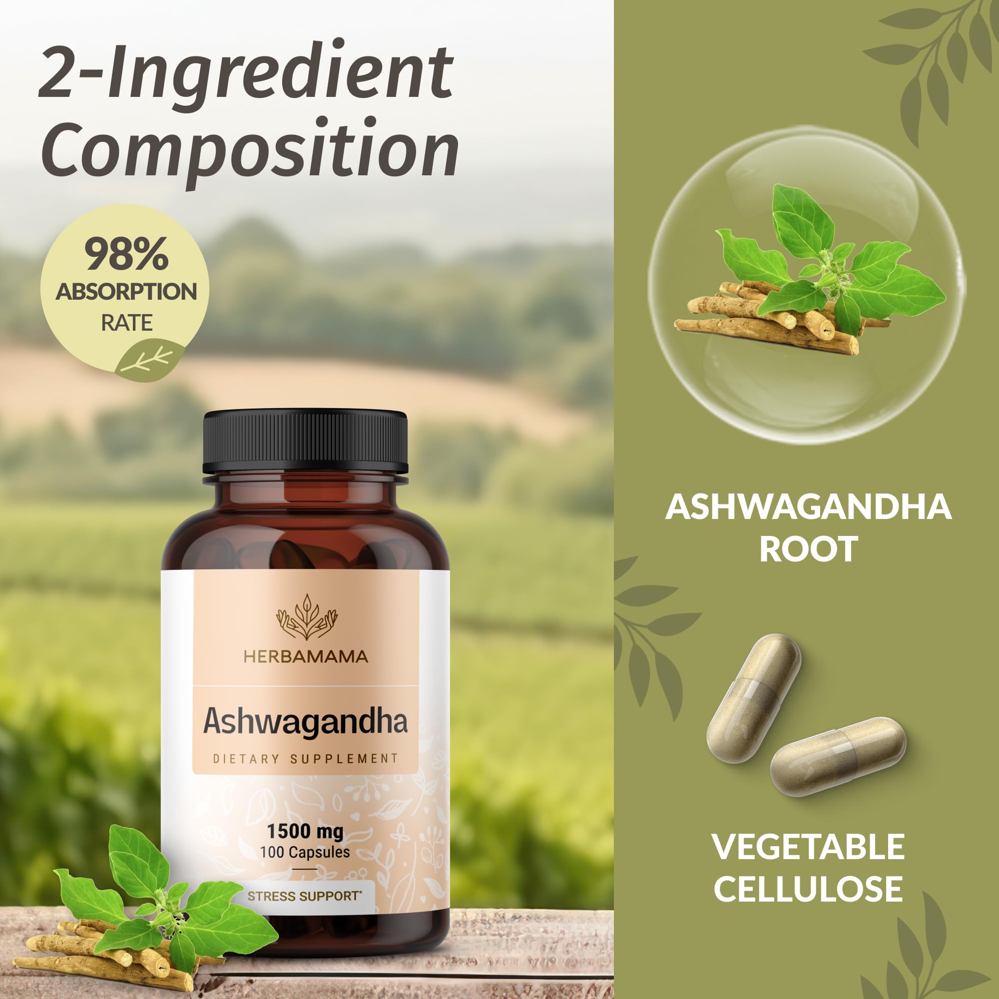 HERBAMAMA Ashwagandha Capsules - 1500mg Pure Ashwagandha Root Focus Supplement - Vegan, Non-GMO Mood & Calm Support Supplement for Adults, 100 Caps - OzHealthStandard