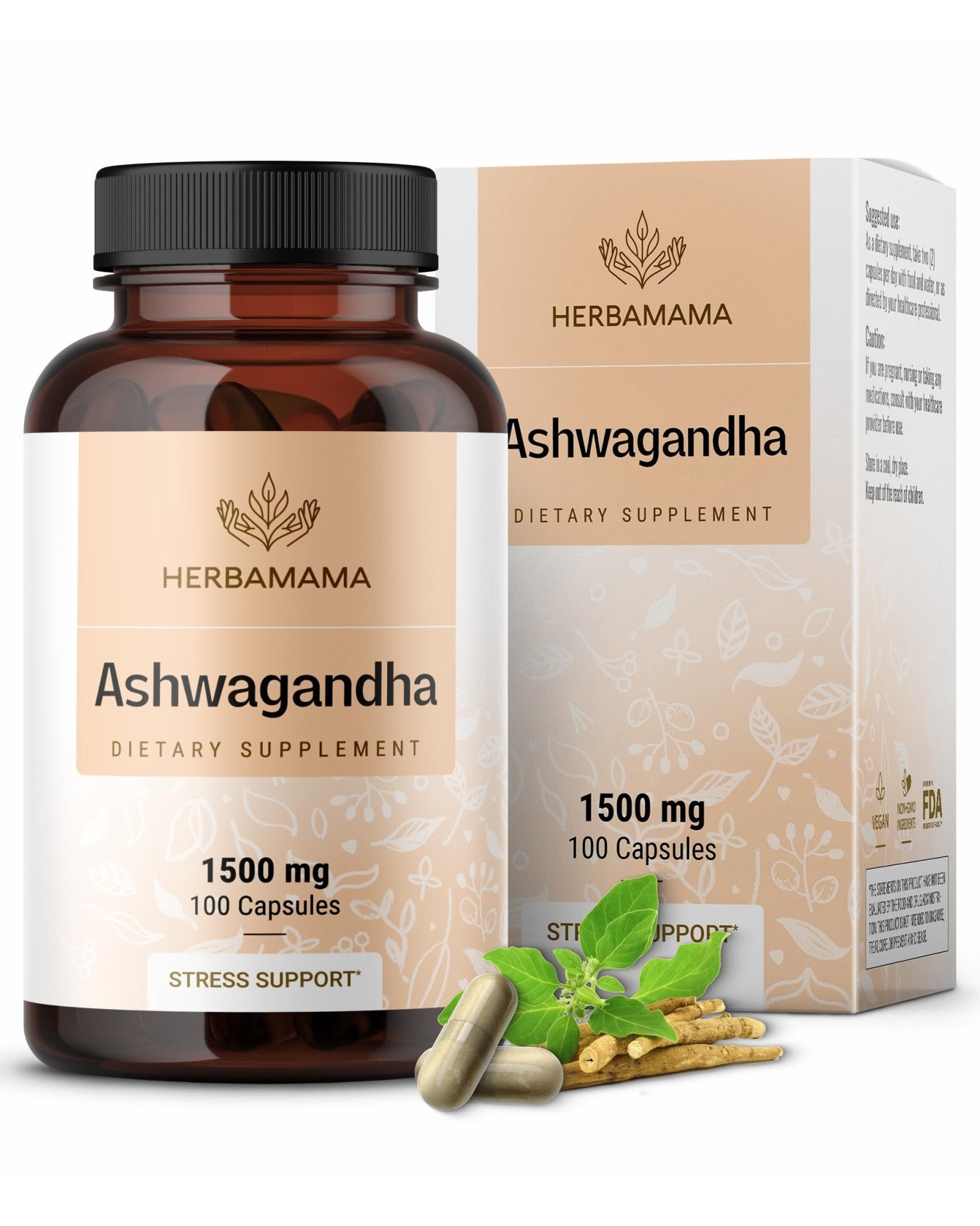 HERBAMAMA Ashwagandha Capsules - 1500mg Pure Ashwagandha Root Focus Supplement - Vegan, Non-GMO Mood & Calm Support Supplement for Adults, 100 Caps - OzHealthStandard